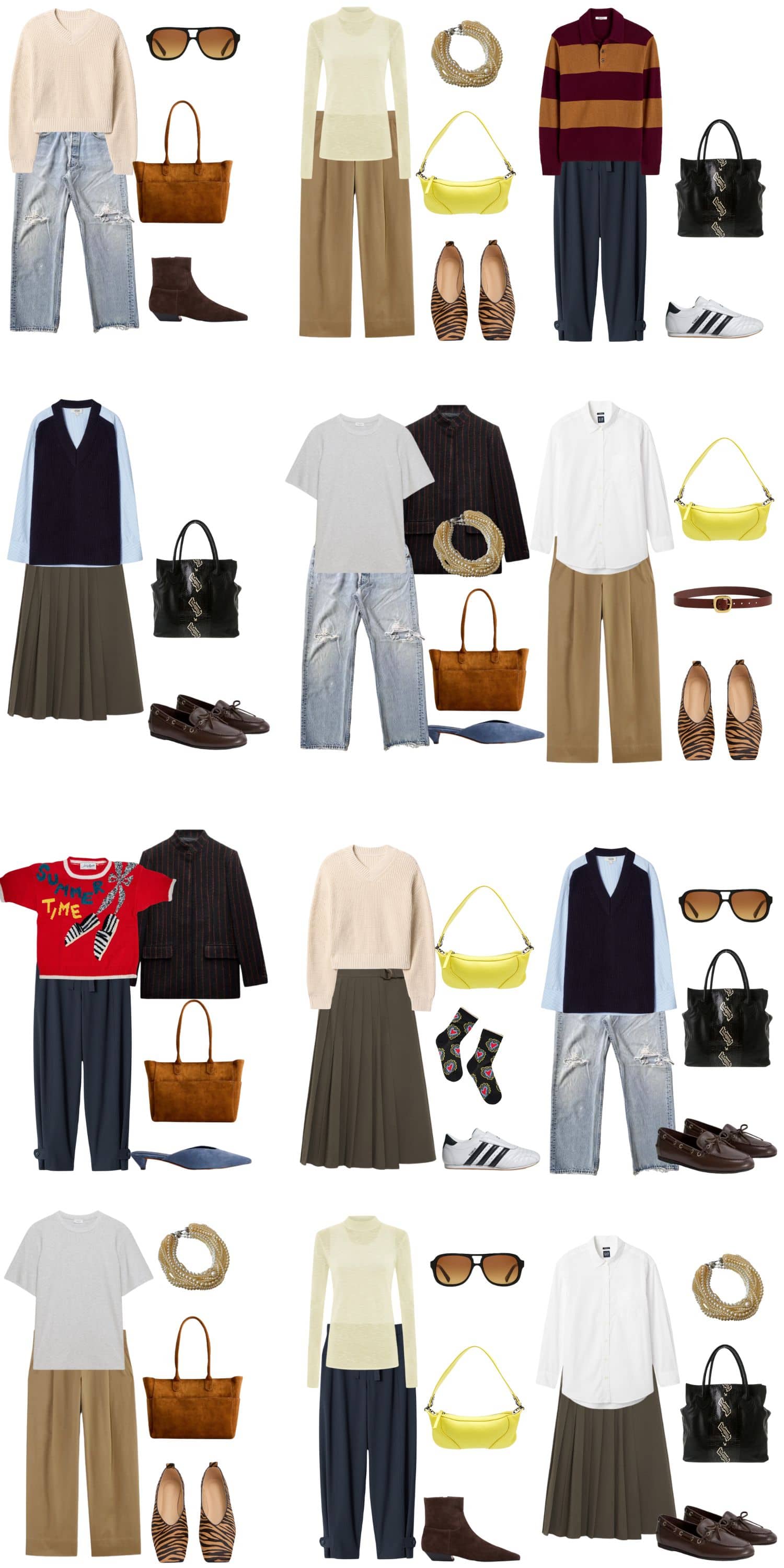 A white background with 12 outfits for an eclectic preppy spring capsule wardrobe.