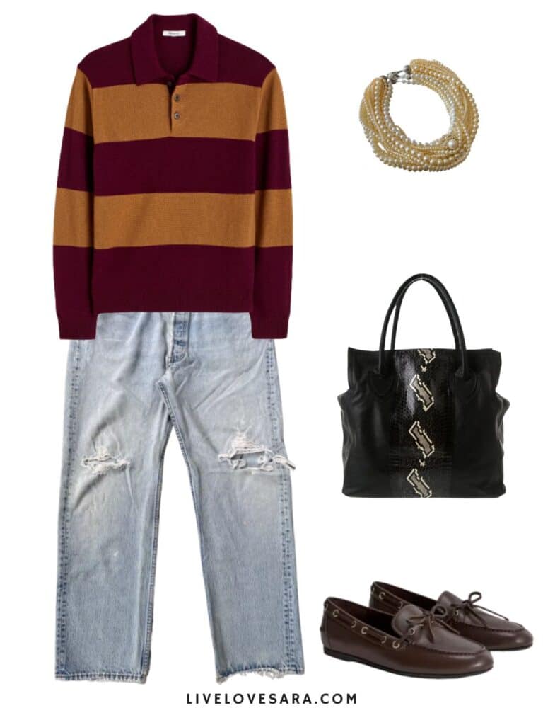 A photo of an outfit of a striped polo sweater, distressed jeans, boat shoes, and snake print bag, and a pearl necklace.