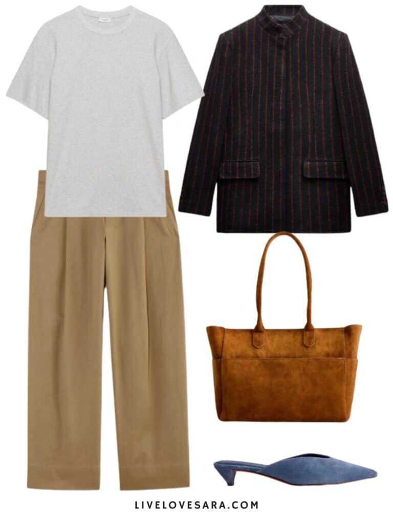 A photo of an outfit of a grey t-shirt, khakis, a striped blazer and a tote.