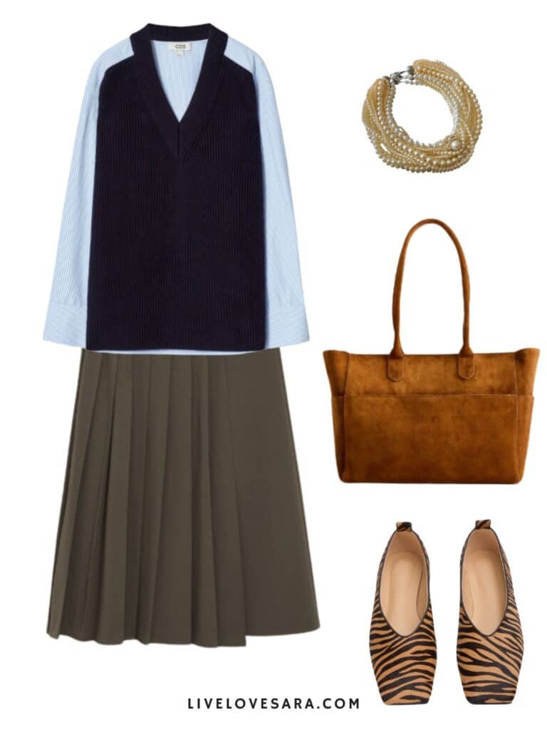 A photo of an outfit of a mixed media shirt, a pleated skirt, tiger print flats, a pearl necklace, and a tote bag.