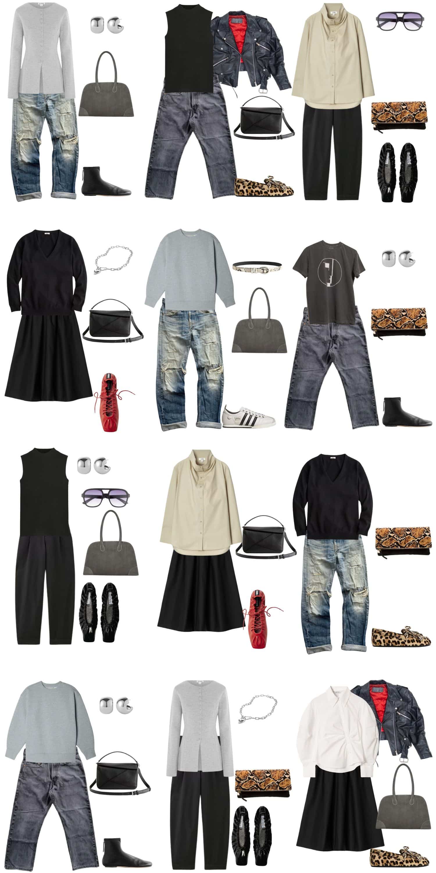 A white background with 12 outfits for a rock style minimalist spring capsule wardrobe.