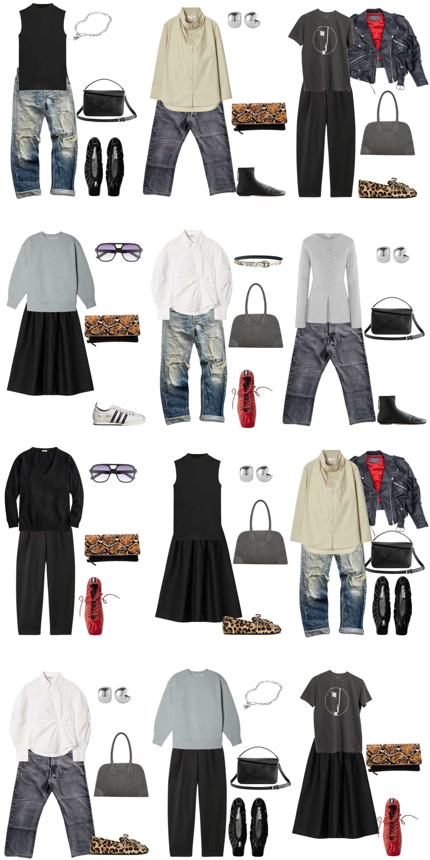 A white background with 12 outfits for a rock style minimalist spring capsule wardrobe.