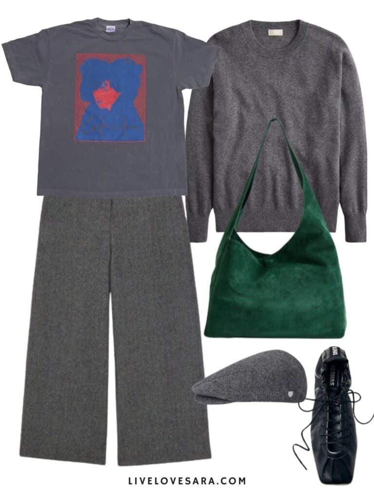 a photo of an outfit of a cocteau twins t-shirt, grey cropped trousers, a grey sweater, green hobo bag, hat, and lace flats.