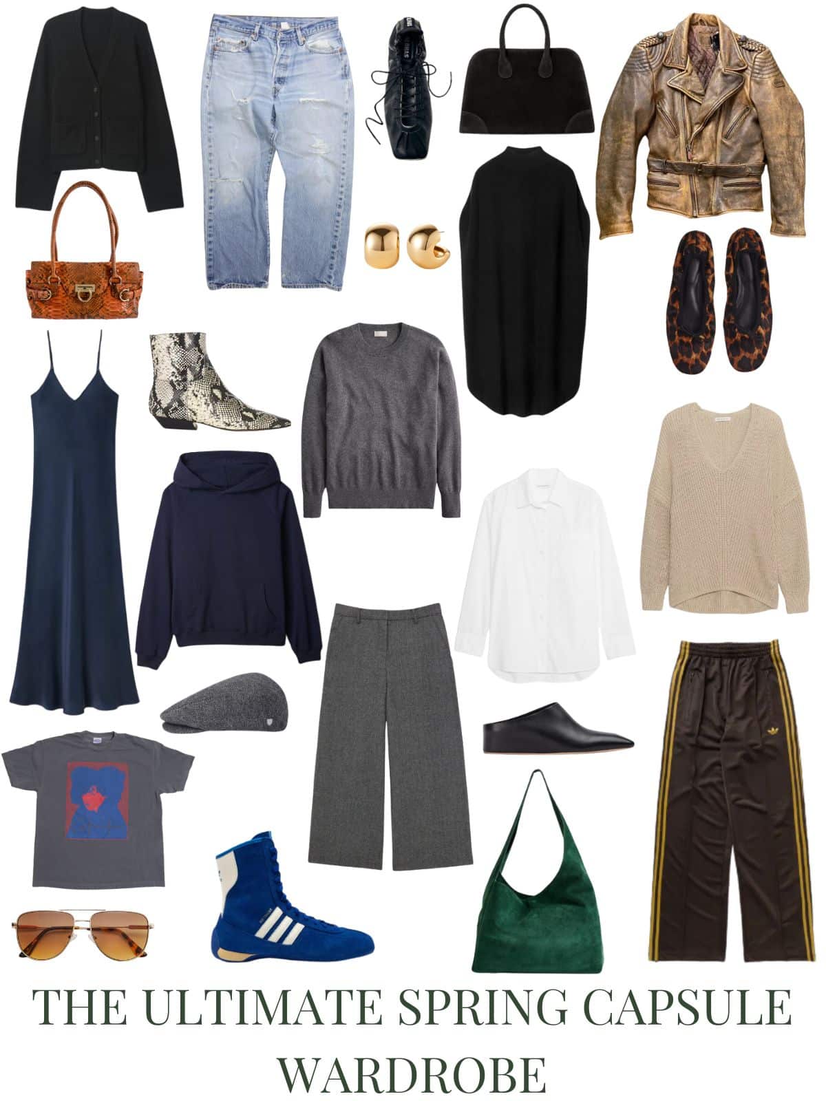 A white background with 12 clothing items plus shoes and accessories for my ultimate spring capsule wardrobe.