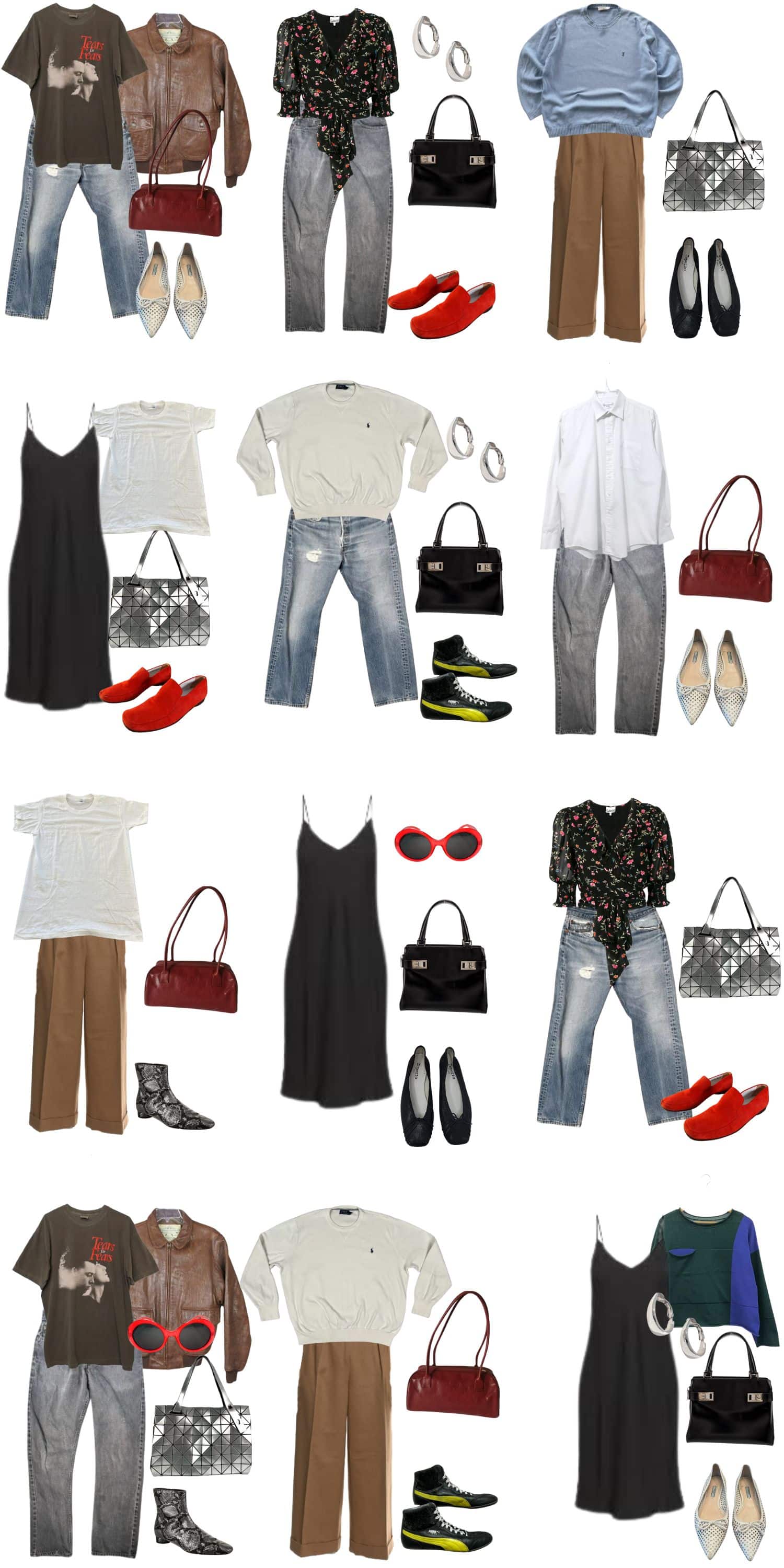 A white background with 12 outfits for a secondhand spring capsule wardrobe.