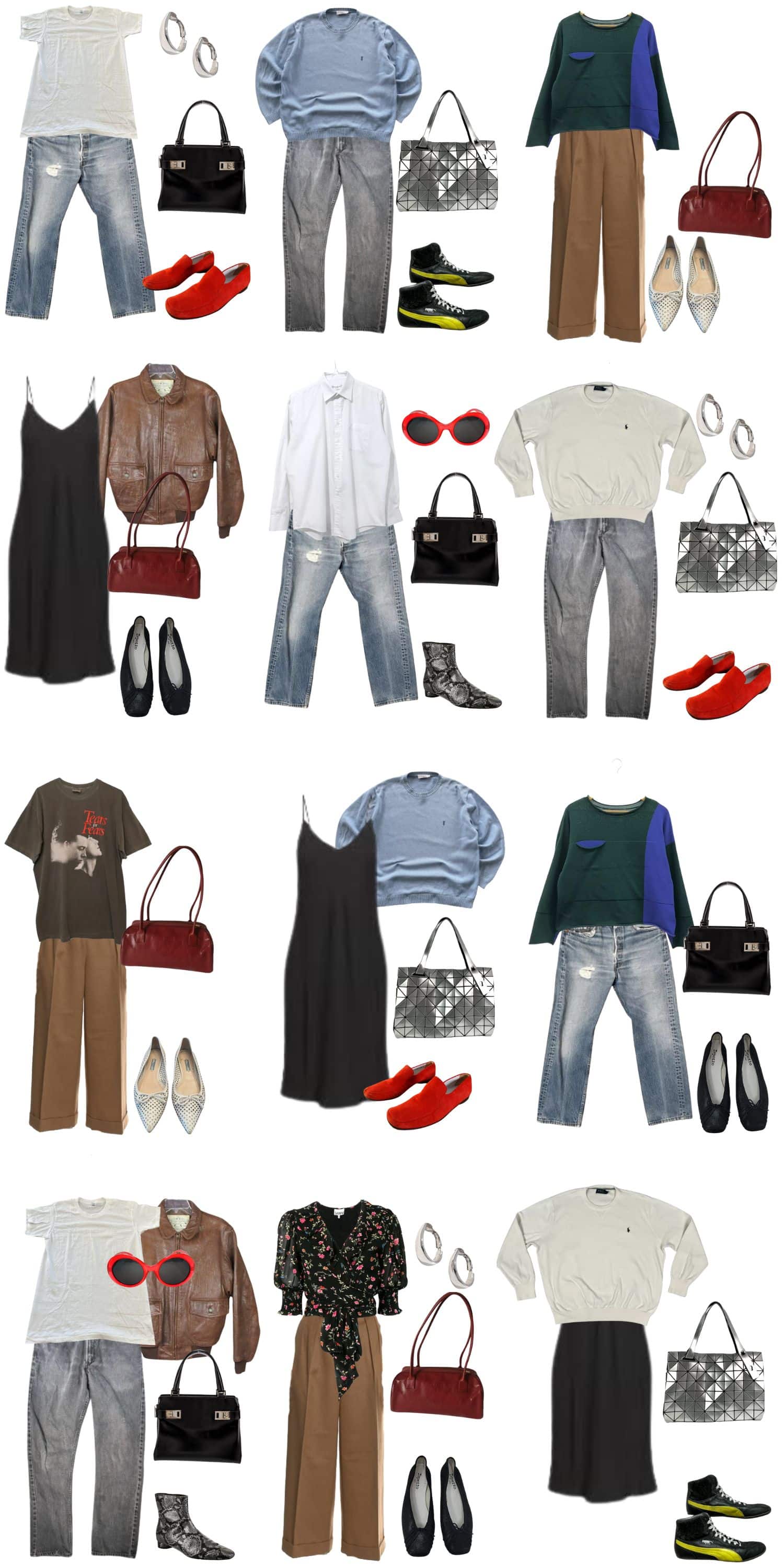 A white background with 12 outfits for a secondhand spring capsule wardrobe.