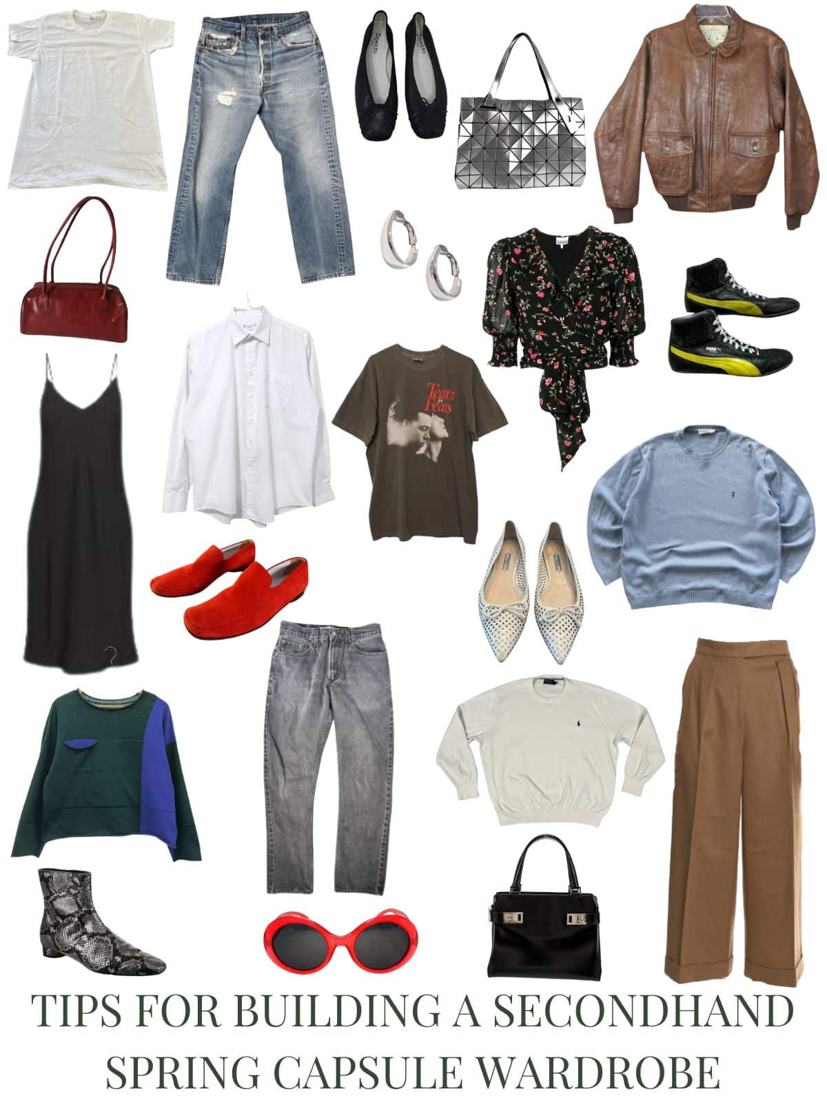 A white background with 12 clothing items plus shoes and accessories for a secondhand spring capsule wardrobe.