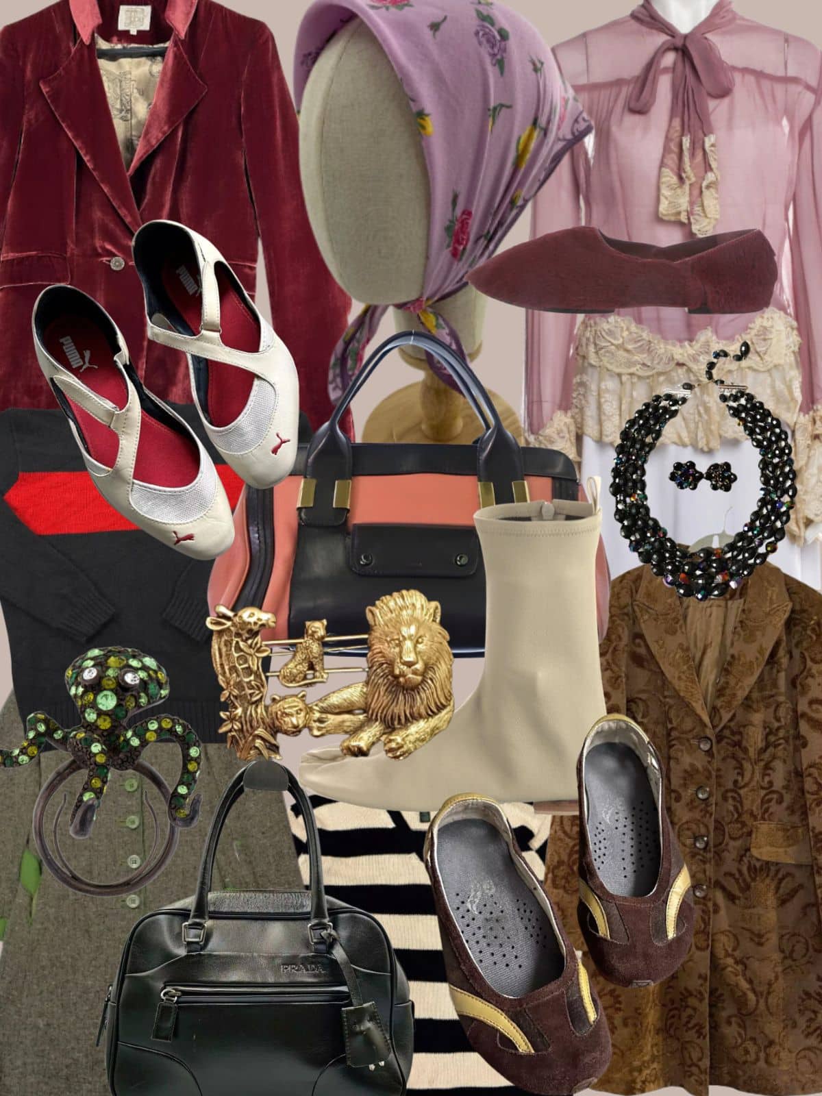 a collage of different types of women's clothing and accessories. All vintage or secondhand.