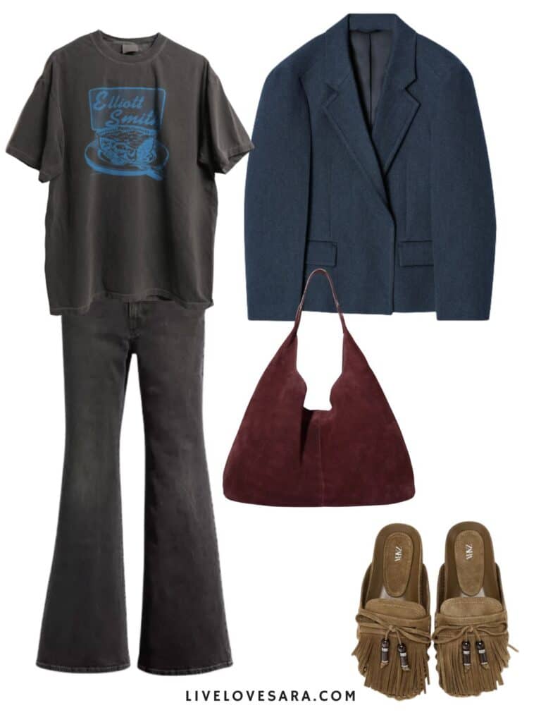 A photo of an outfit of a Elliot Smith tee, bell bottom jeans, a denim blazer, fringe clogs, and a burgundy hobo bag.