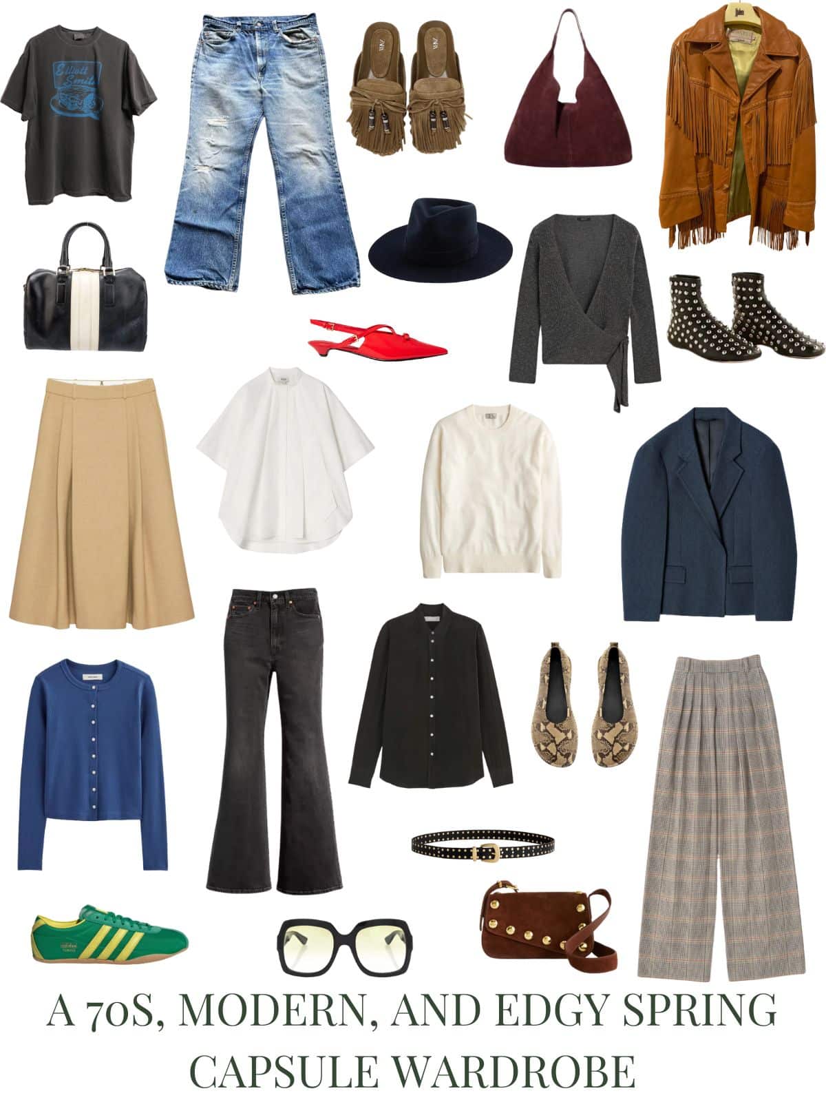 A white background with 12 clothing items plus shoes and accessories for a 70s, Modern, and Edgy spring capsule wardrobe.