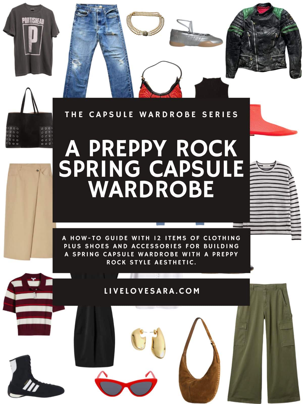 A white background with 12 clothing items plus shoes and accessories for a preppy rock spring capsule wardrobe. In the middle is a black box with white text that reads, "A Preppy Rock Spring Capsule Wardrobe."
