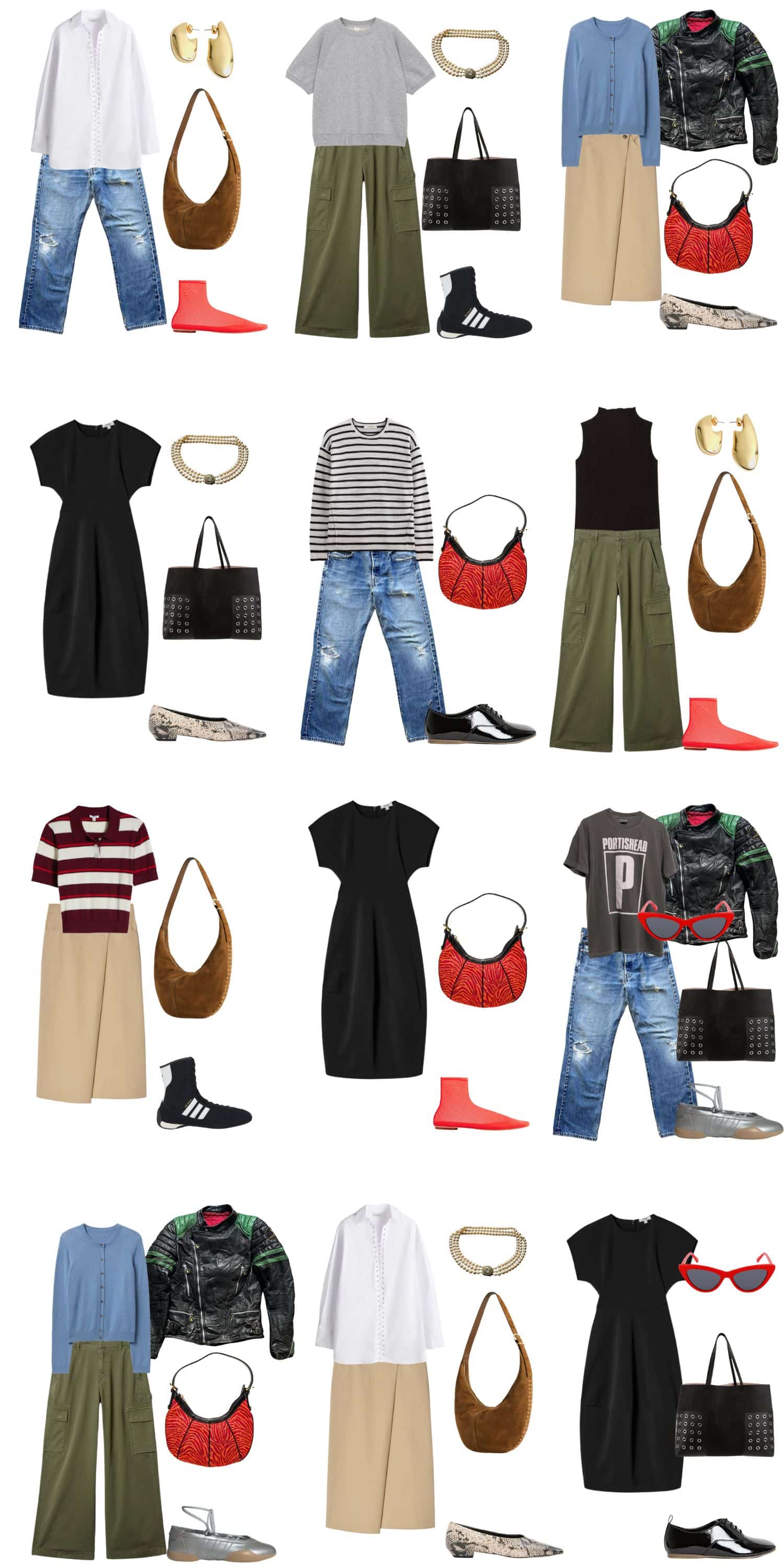 A white background with 12 outfits for a preppy rock spring capsule wardrobe.