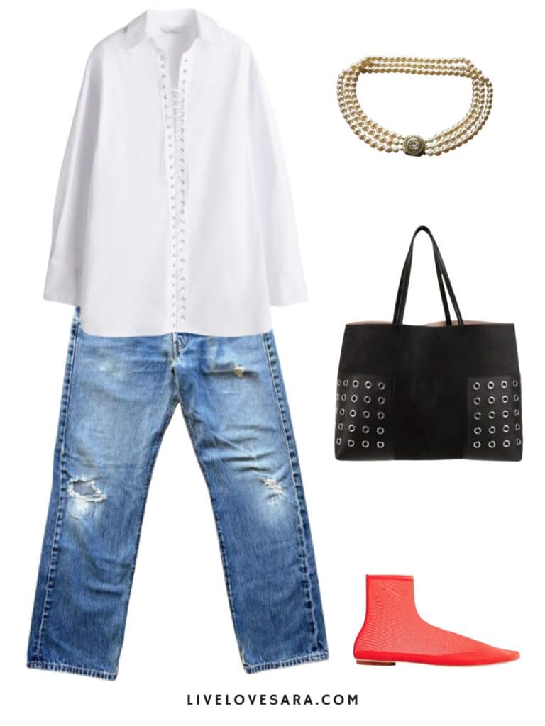 A photo of an outfit of a lace front button up, vintage jeans, red mesh boots, a studded tote, and vintage pearl necklace.
