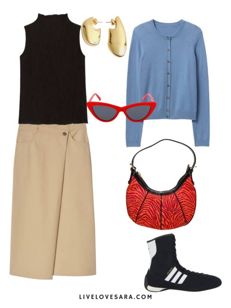 A photo of an outfit of a khaki wrap skirt, black tank, blue cardigan. Adidas Rasant boots, a red bag, red sunglasses, and gold asymmetrical earrings.