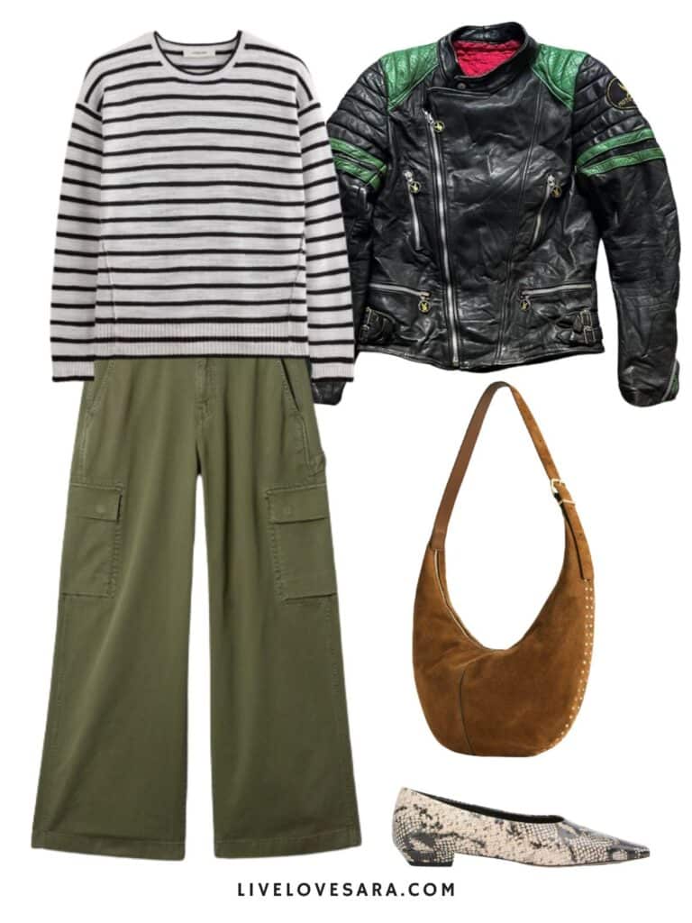 A photo of an outfit of cargo pants with a striped sweater, vintage moto, snake print flats, and a brown studded bag.