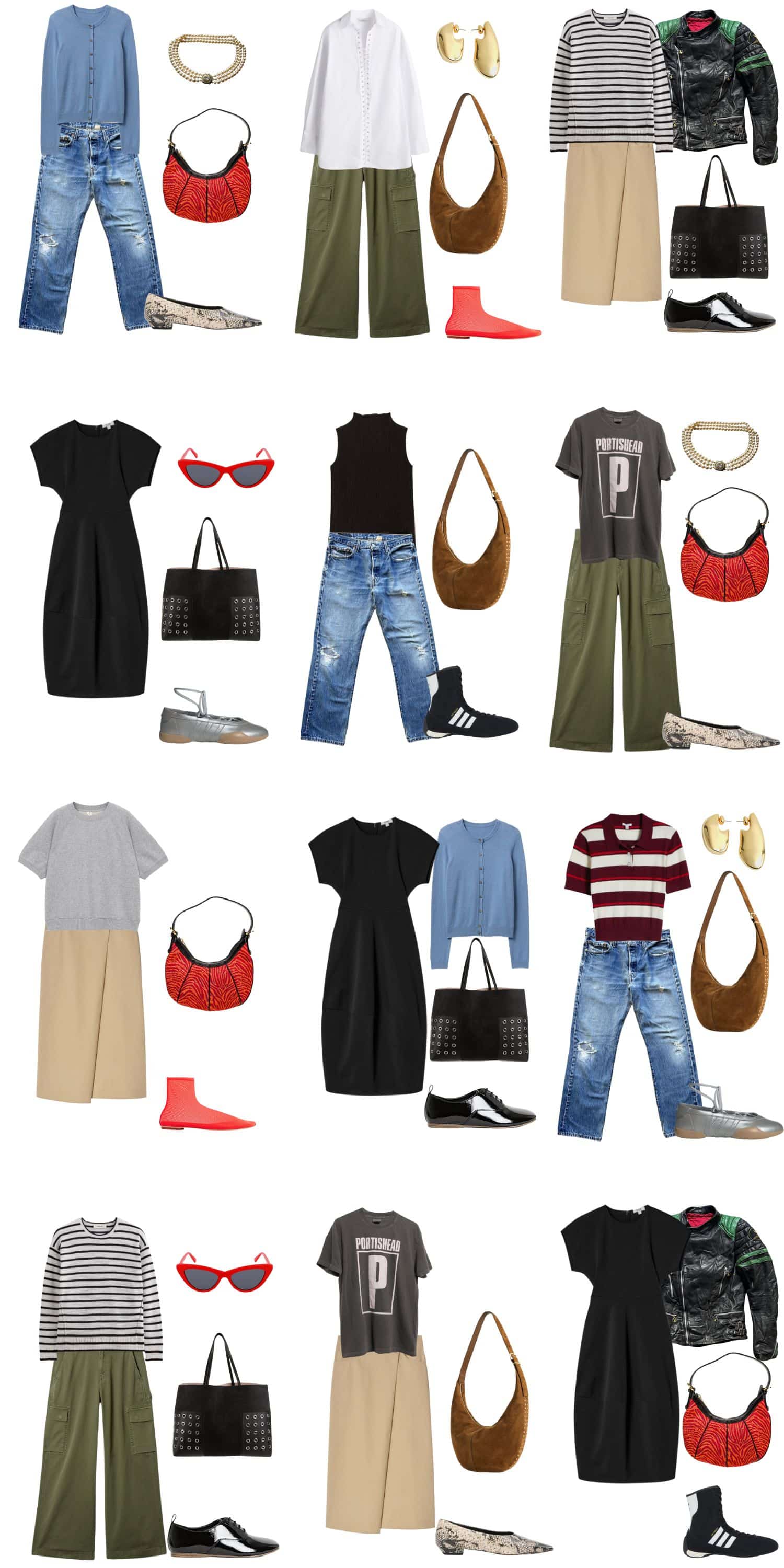 A white background with 12 outfits for a preppy rock spring capsule wardrobe.