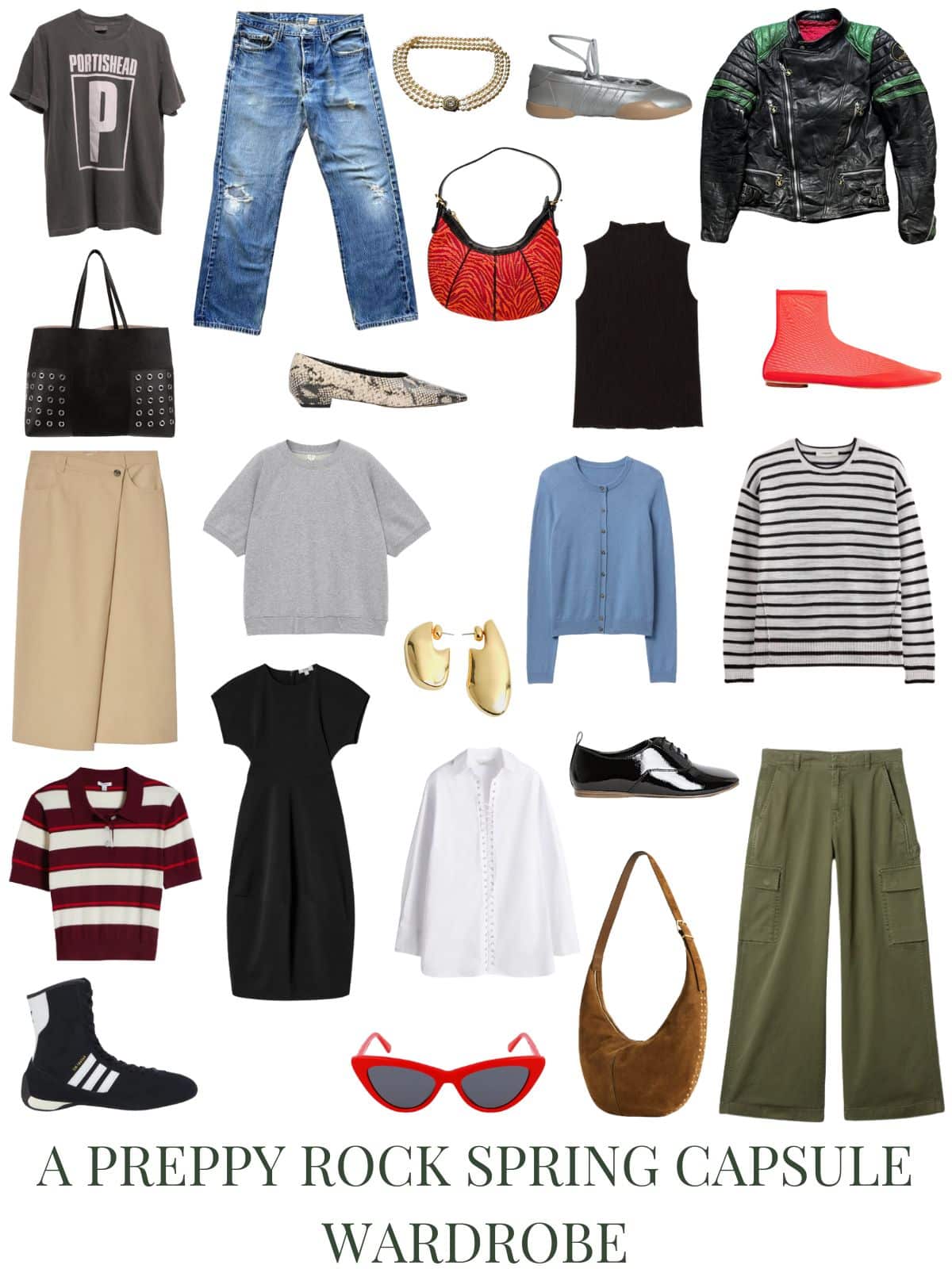 A white background with 12 clothing items plus shoes and accessories for a preppy rock spring capsule wardrobe.