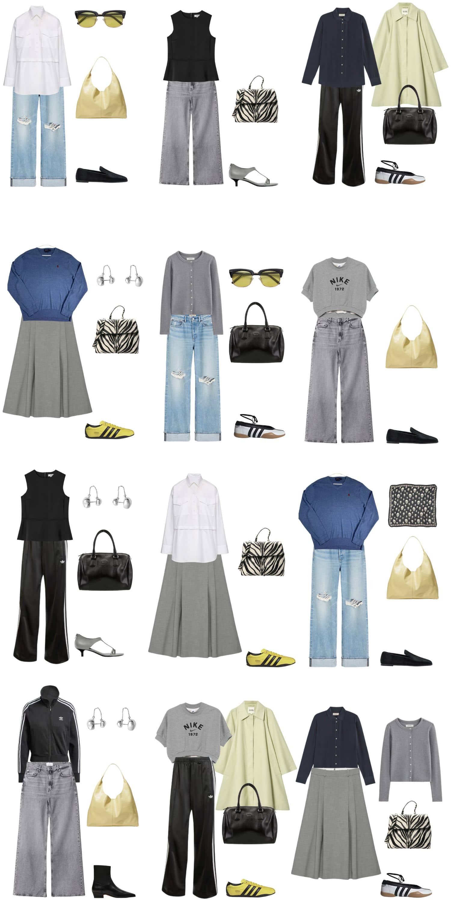 A white background with 12 outfits for a sporty, minimalist, and chic spring capsule wardrobe.