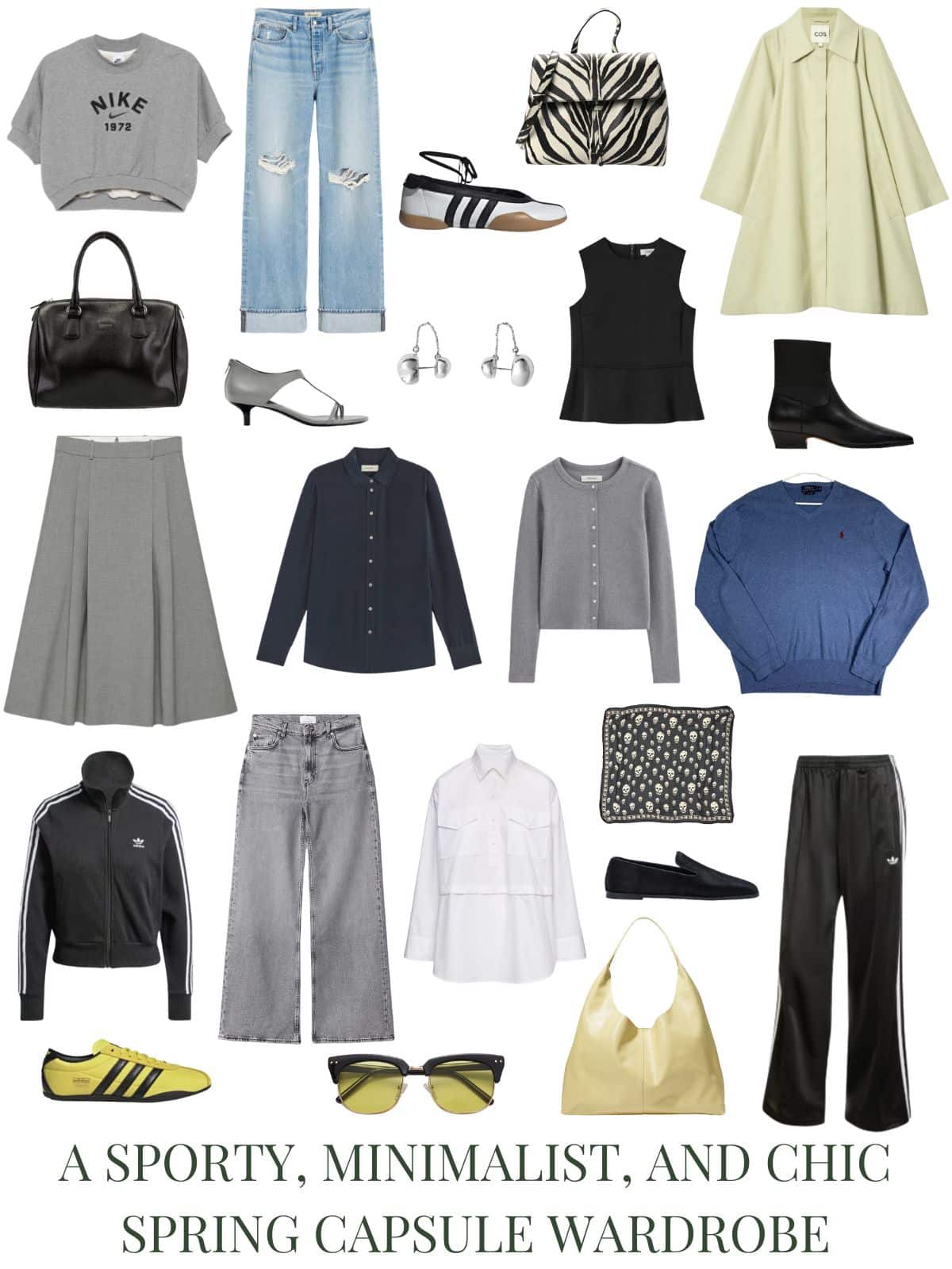 A white background with 12 clothing items plus shoes and accessories for a sporty, minimalist, and chic spring capsule wardrobe.