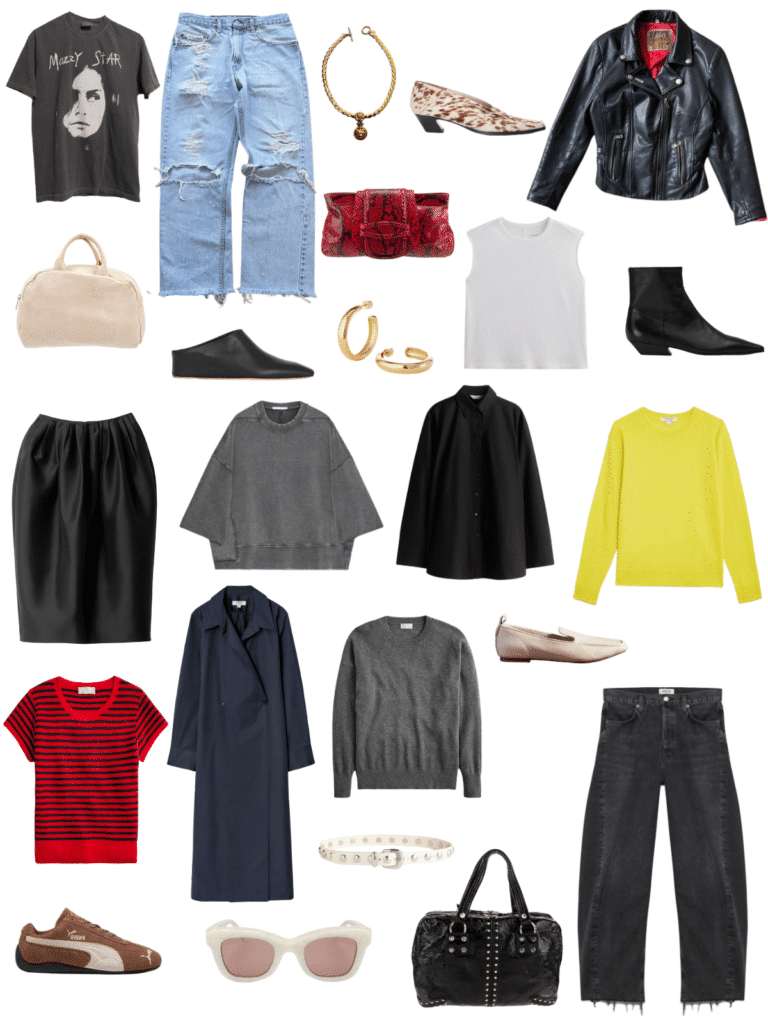 A white background with 12 clothing items plus shoes and accessories for building a long term spring capsule wardrobe.