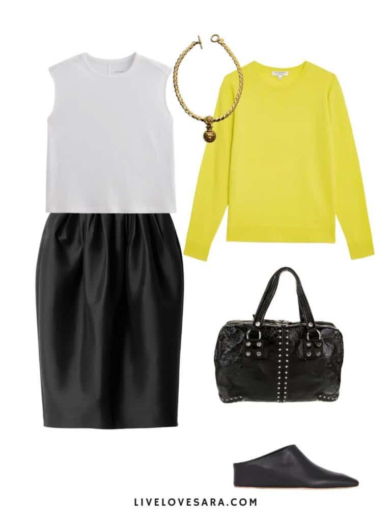 A photo of an outfit of a white tank, black midi skirt, a yellow sweater, black mules, a vintage necklace, and a black handbag.