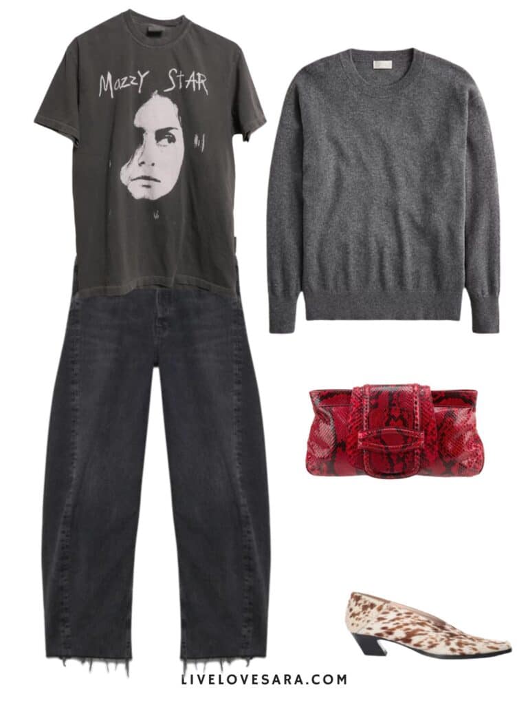 A photo of an outfit of a mazzy Star tee with black vintage Levi's, a grey sweater, red snake print clutch, and deer print heels.