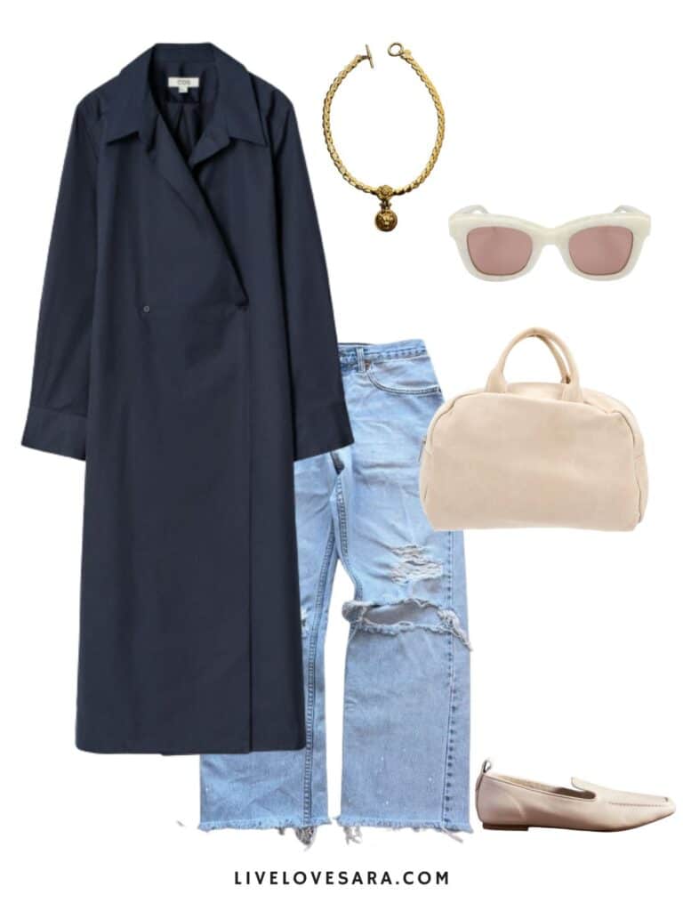 A photo of an outfit of a navy blue shirt dress with vintage jeans, cream loafers, bag, abd sunglasses, and a vintage necklace.