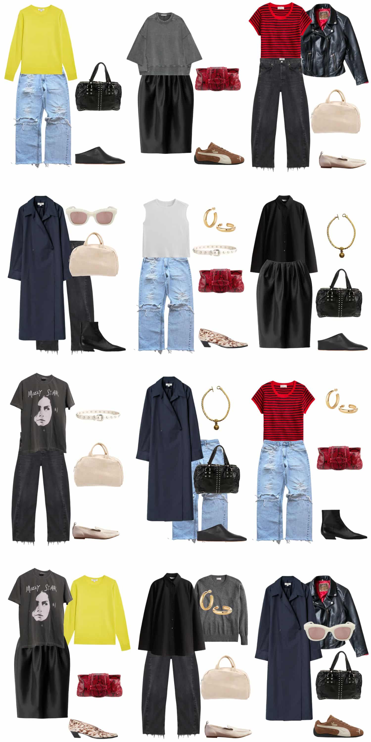 A white background with 12 outfits for building a long term spring capsule wardrobe.
