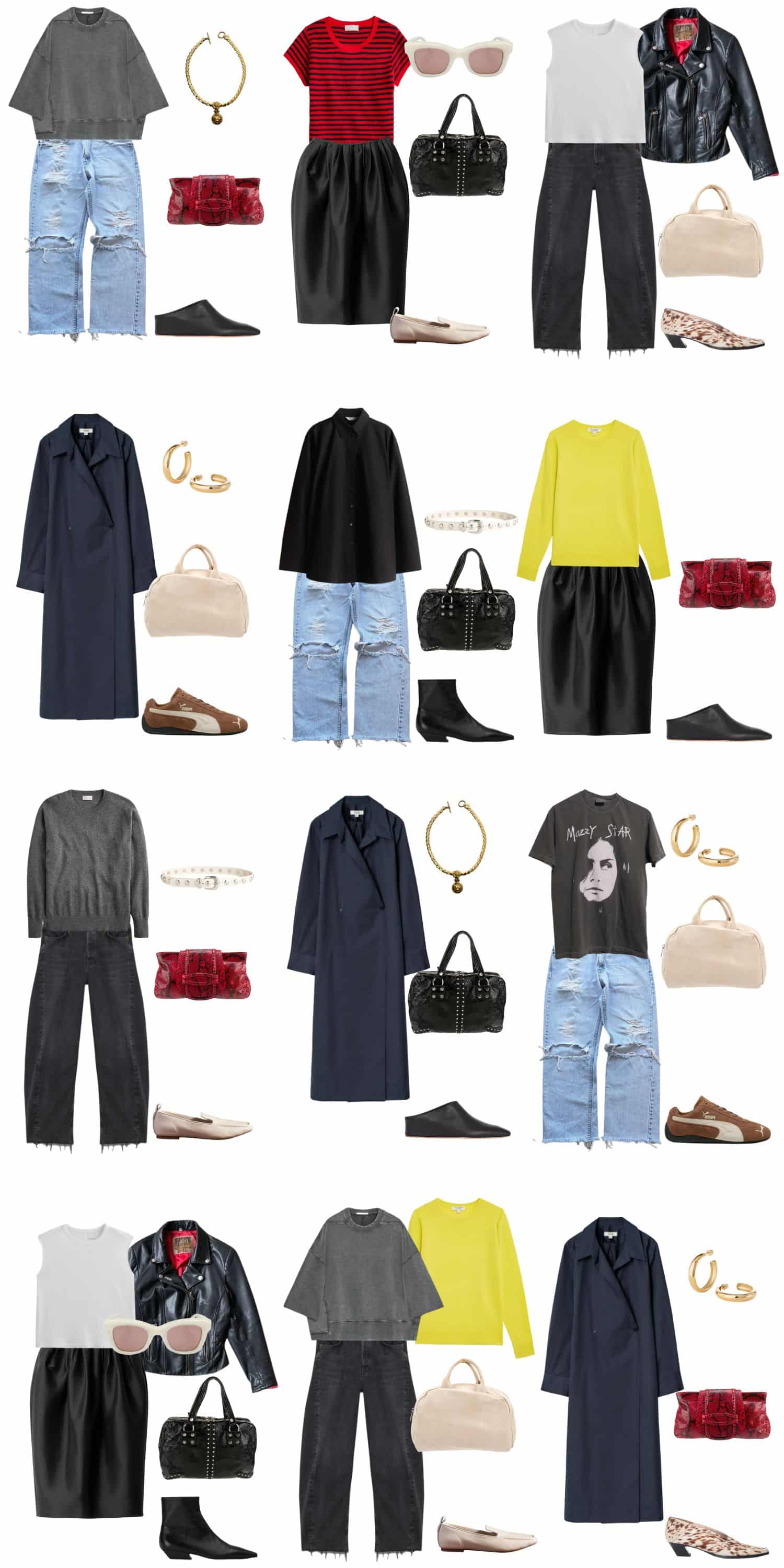 A white background with 12 outfits for building a long term spring capsule wardrobe.
