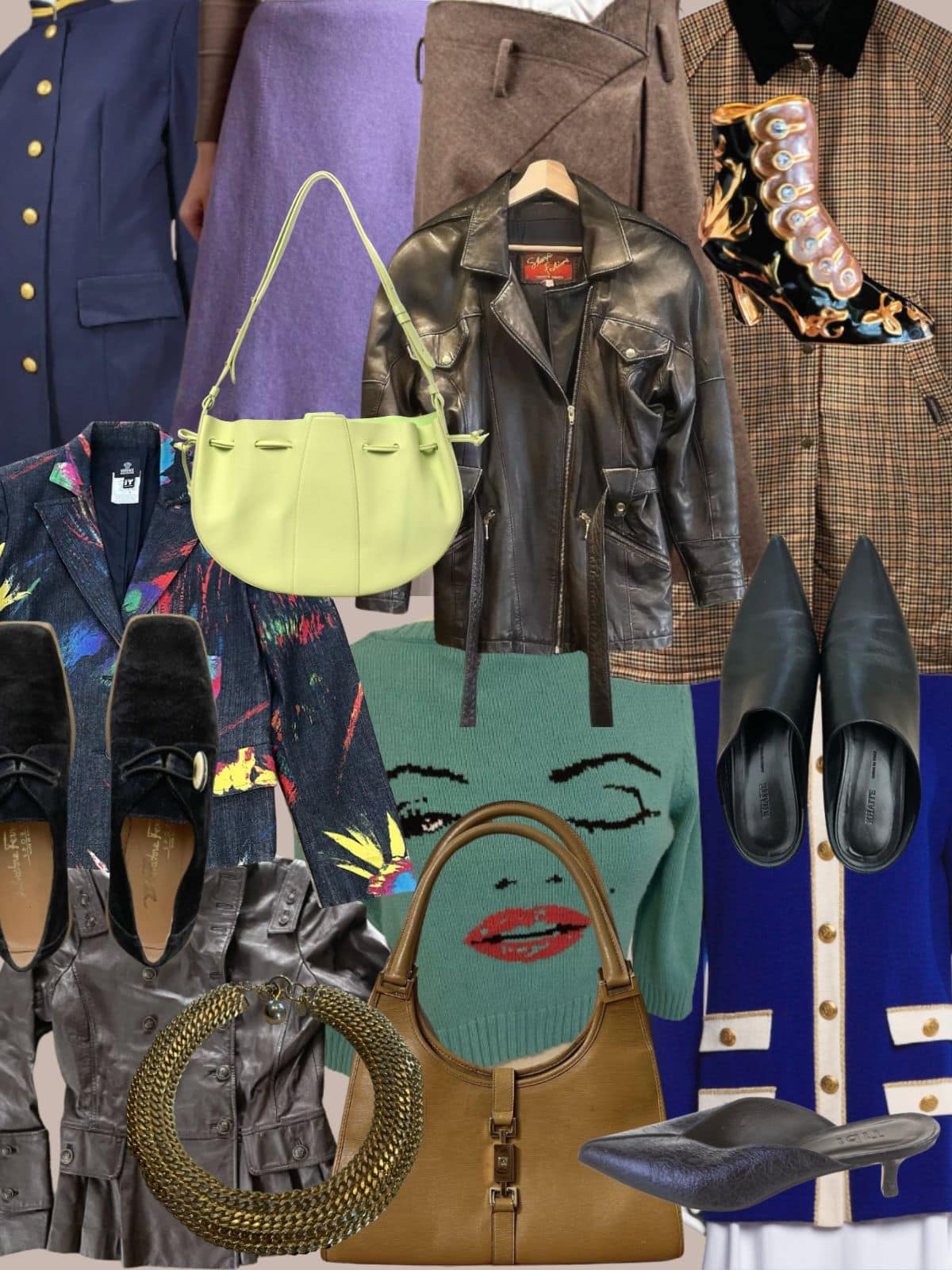 a collage of different types of women's clothing and accessories. All vintage or secondhand.