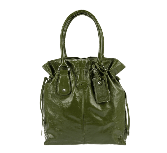 green patent leather bucket bag