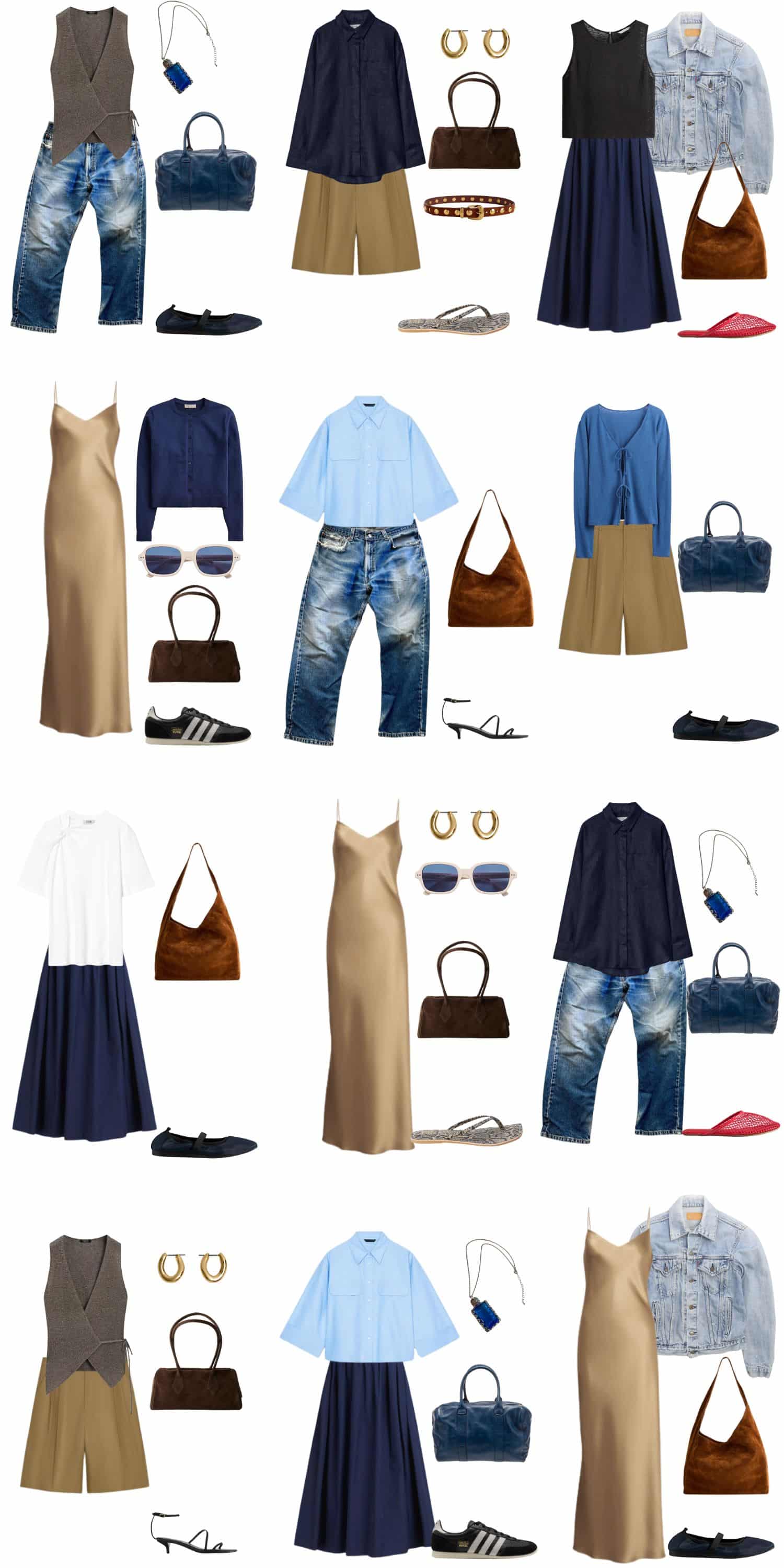 A white background with 12 outfits for Building a Minimalist Summer Capsule Wardrobe.