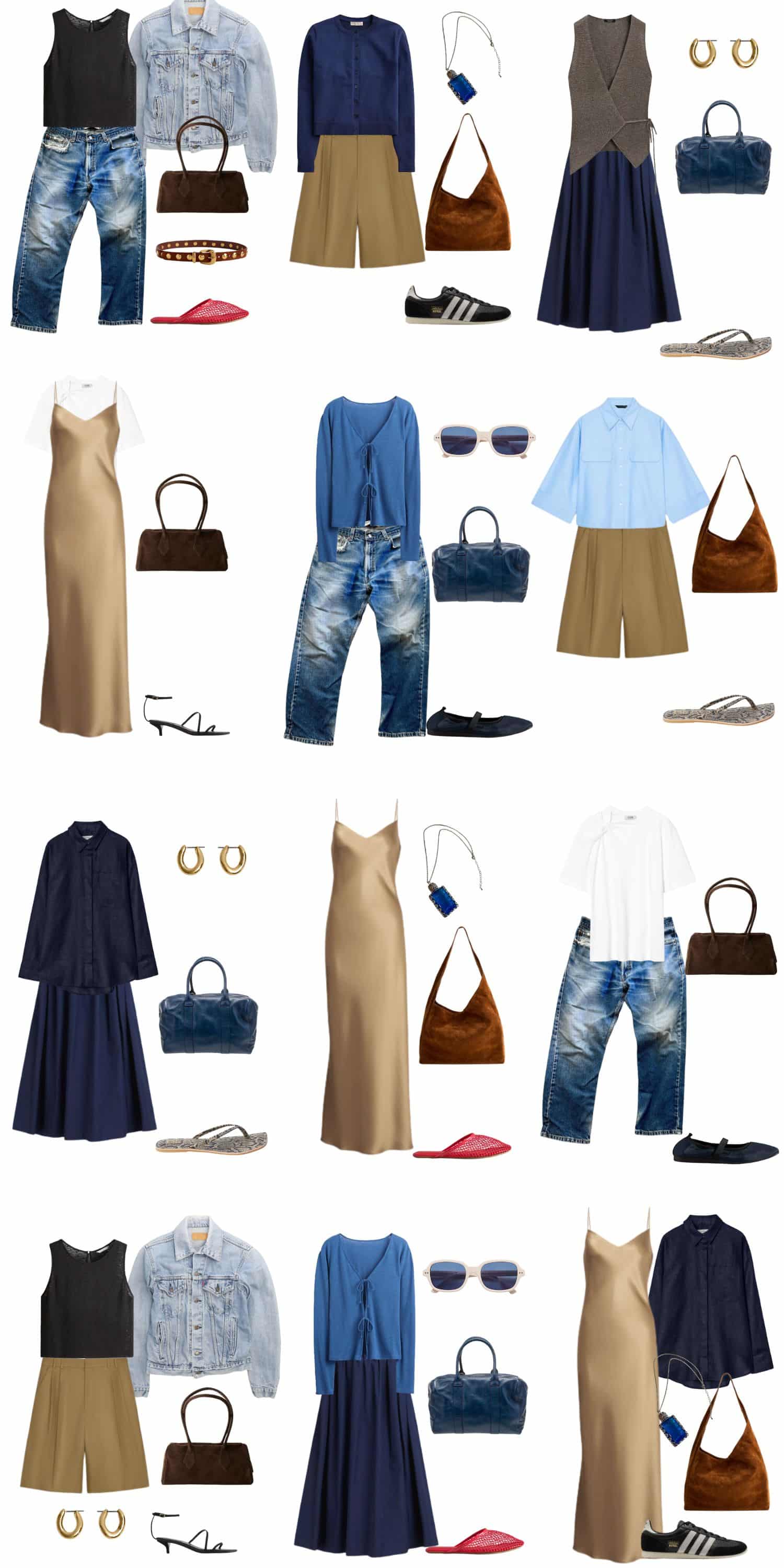 A white background with 12 outfits for Building a Minimalist Summer Capsule Wardrobe.