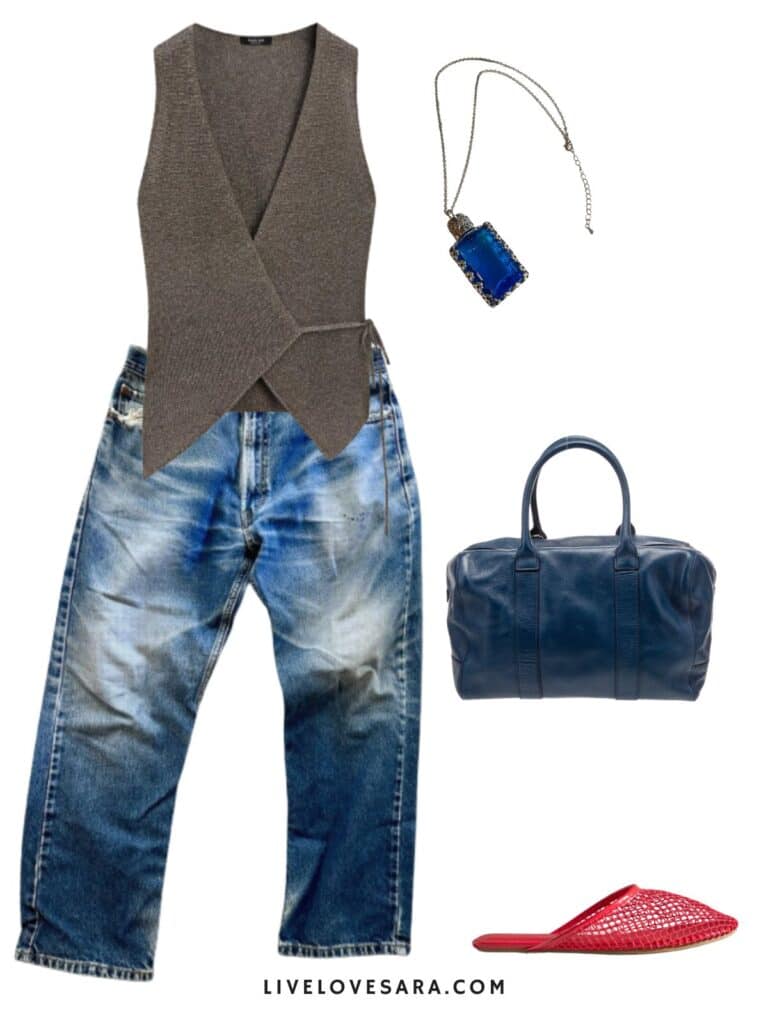 a photo of an outfit of a wrap vest, vintage levis, a perfume bottle necklace, red mesh mules, and a navy bag.