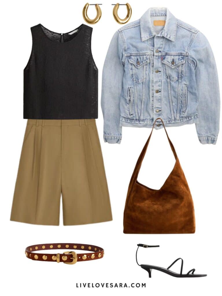 a photo of an outfit of a black tank with tan bermuda shorts, a denim jacket, gold hoop earrings, a studded belt, brown slouchy bag, and strappy heels.