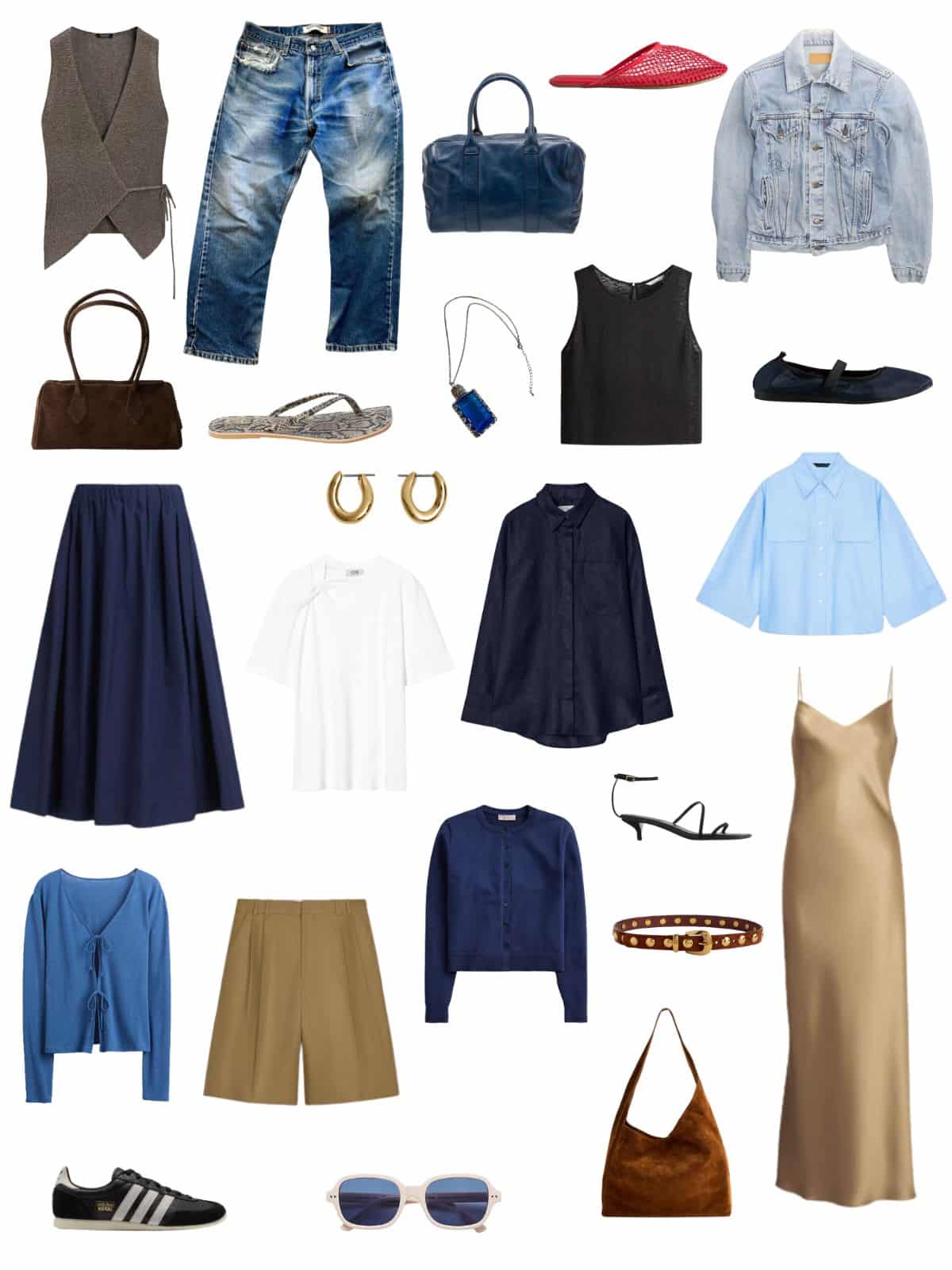 A white background with 12 outfits for Building a Minimalist Summer Capsule Wardrobe.