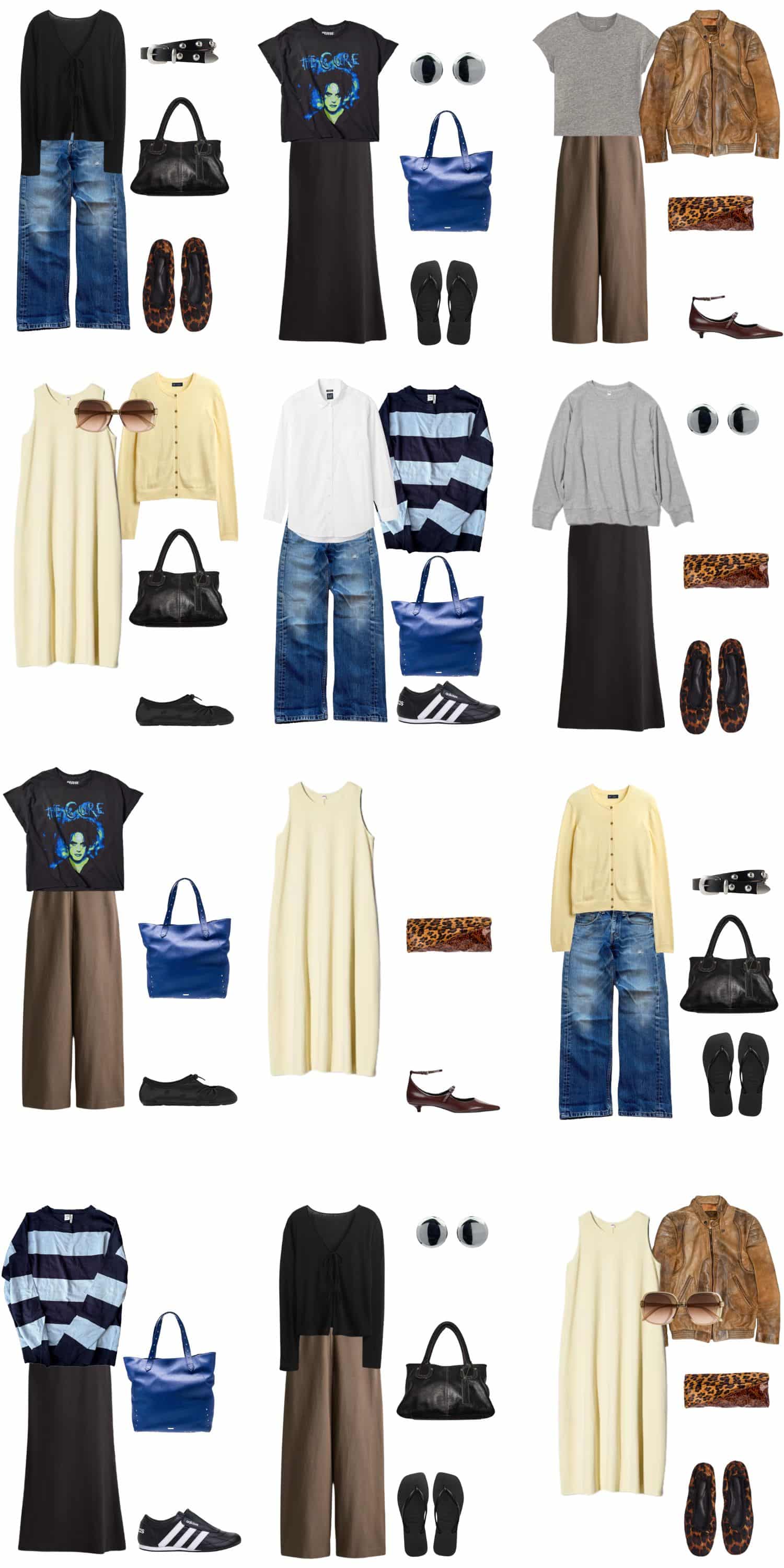 A white background with 12 outfits for Building a Spring Wardrobe That Feels Like You Without Breaking the Bank