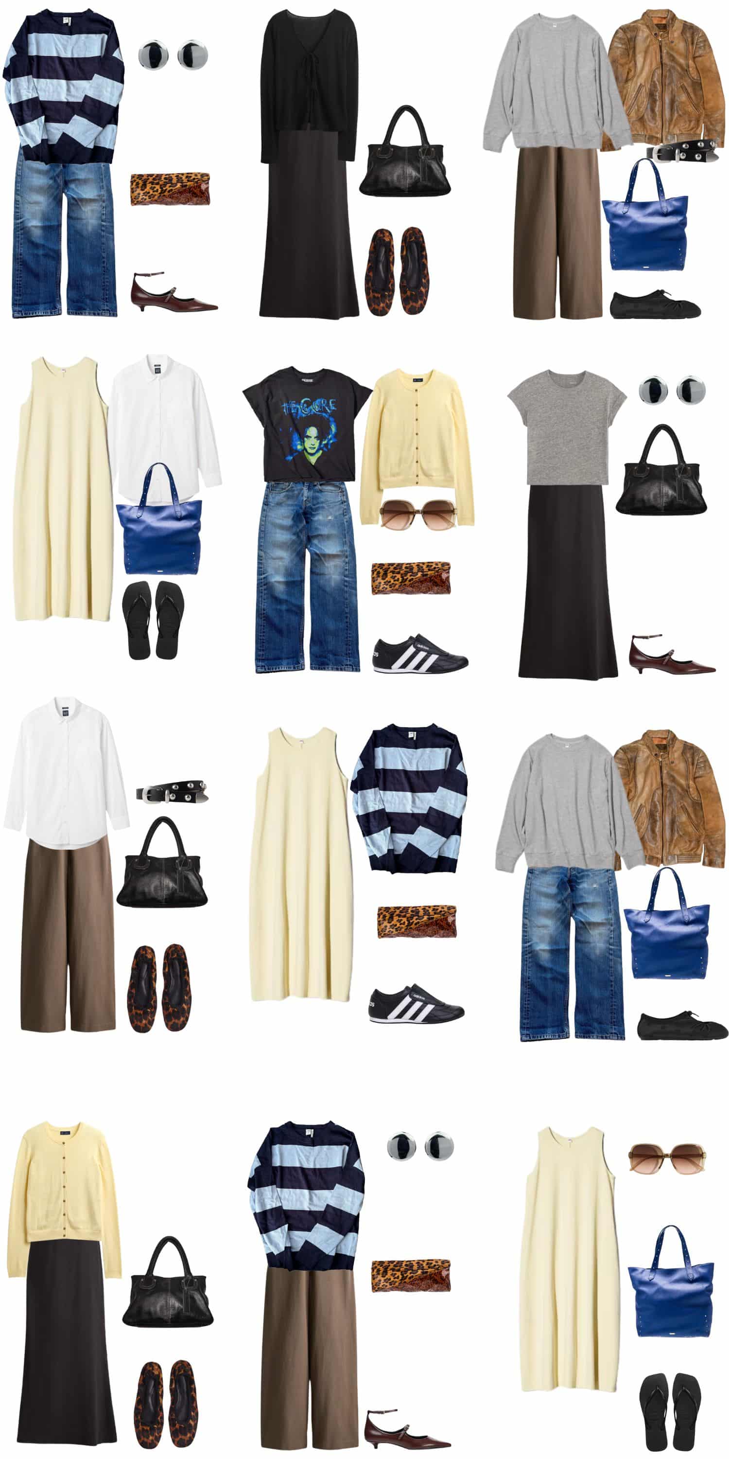 A white background with 12 outfits for Building a Spring Wardrobe That Feels Like You Without Breaking the Bank