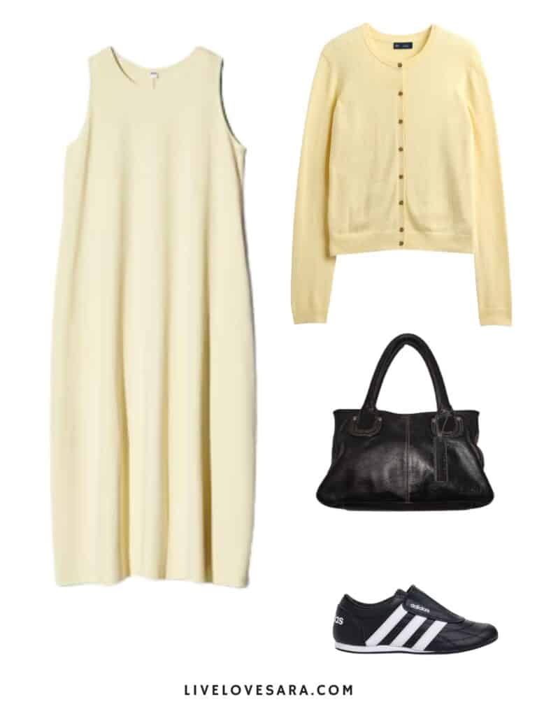 A photo of an outfit of a yellow dress with a yellow cardigan. black bag, and black Adidas.