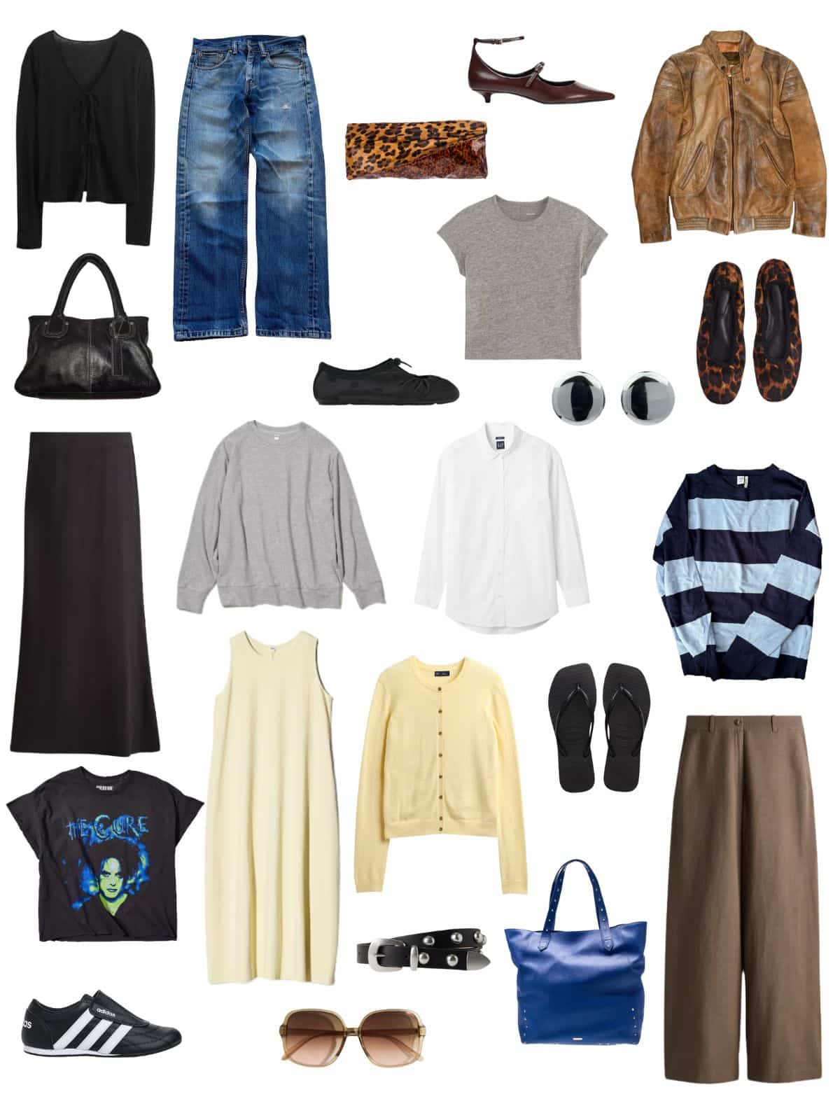 A white background with 12 outfits for Building a Spring Wardrobe That Feels Like You Without Breaking the Bank