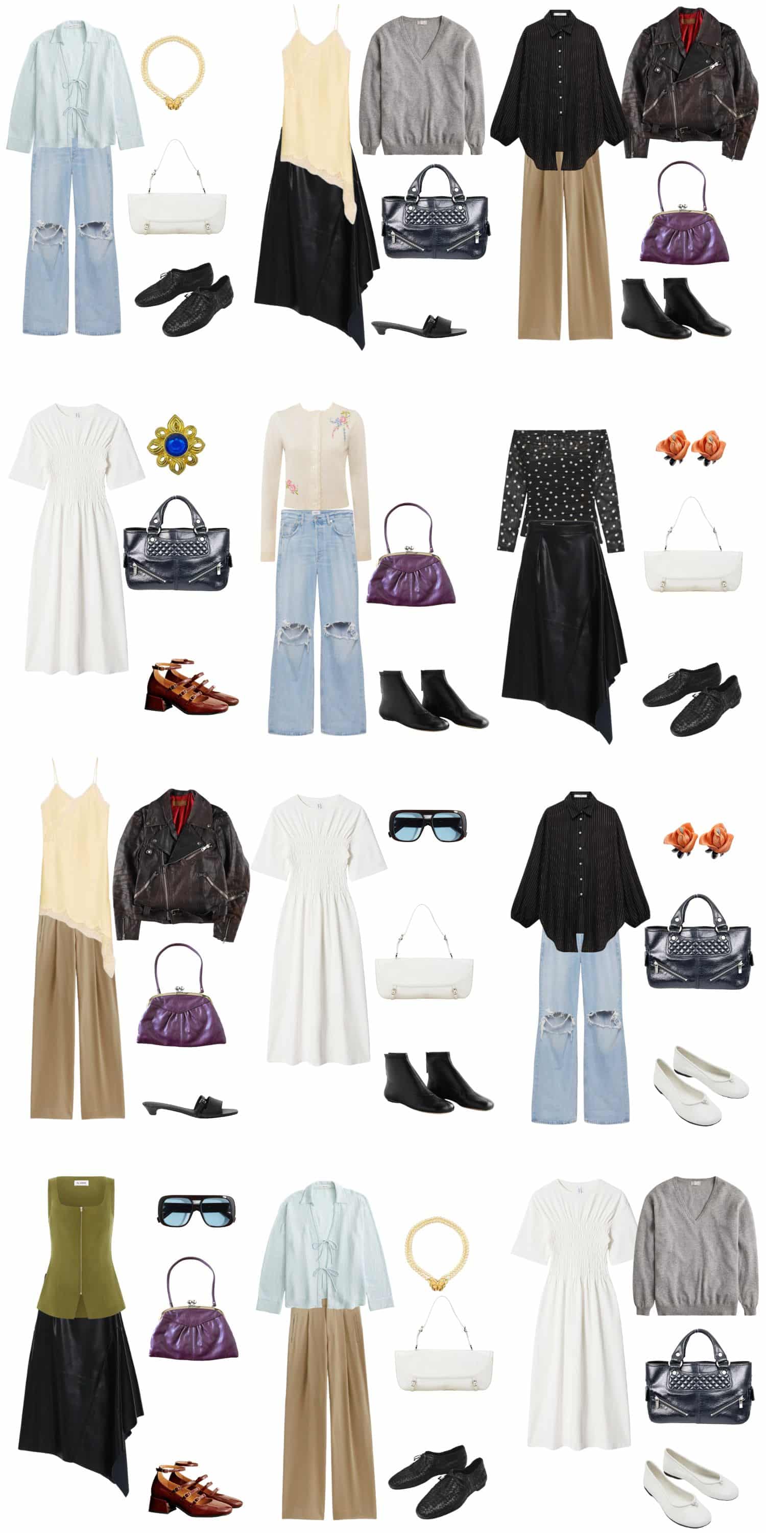 A white background with 12 outfits for building a romantic, edgy, and minimalist spring capsule wardrobe.