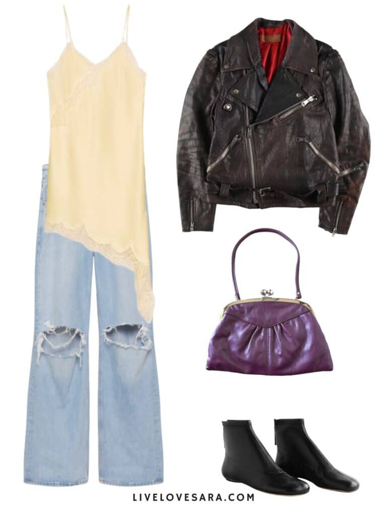 A photo of an outfit of a yellow camisole, jeans, a moto, vintage purple purse, and black boots.