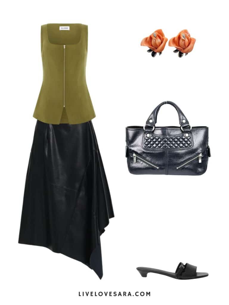 A photo of an outfit of a green xip vest, a black leather skirts, rose earrings, a black bag, and kitten heels.