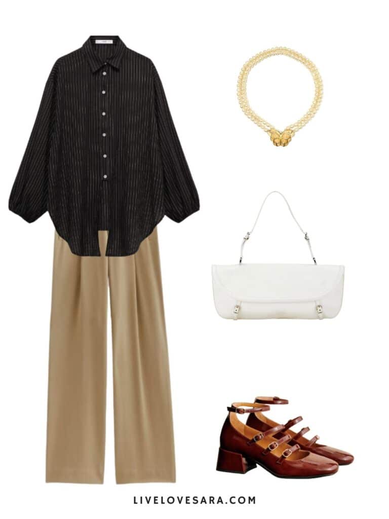 A photo of an outfit of a black striped button up, khaki trousers, mary janes, a white purse and a vintage pearl necklace.