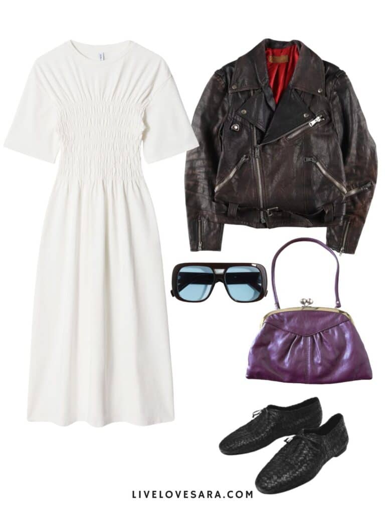 A photo of an outfit of a white dress, vintage biker jacket, blue lense sunglasses, a purple handbag, and black oxfords.