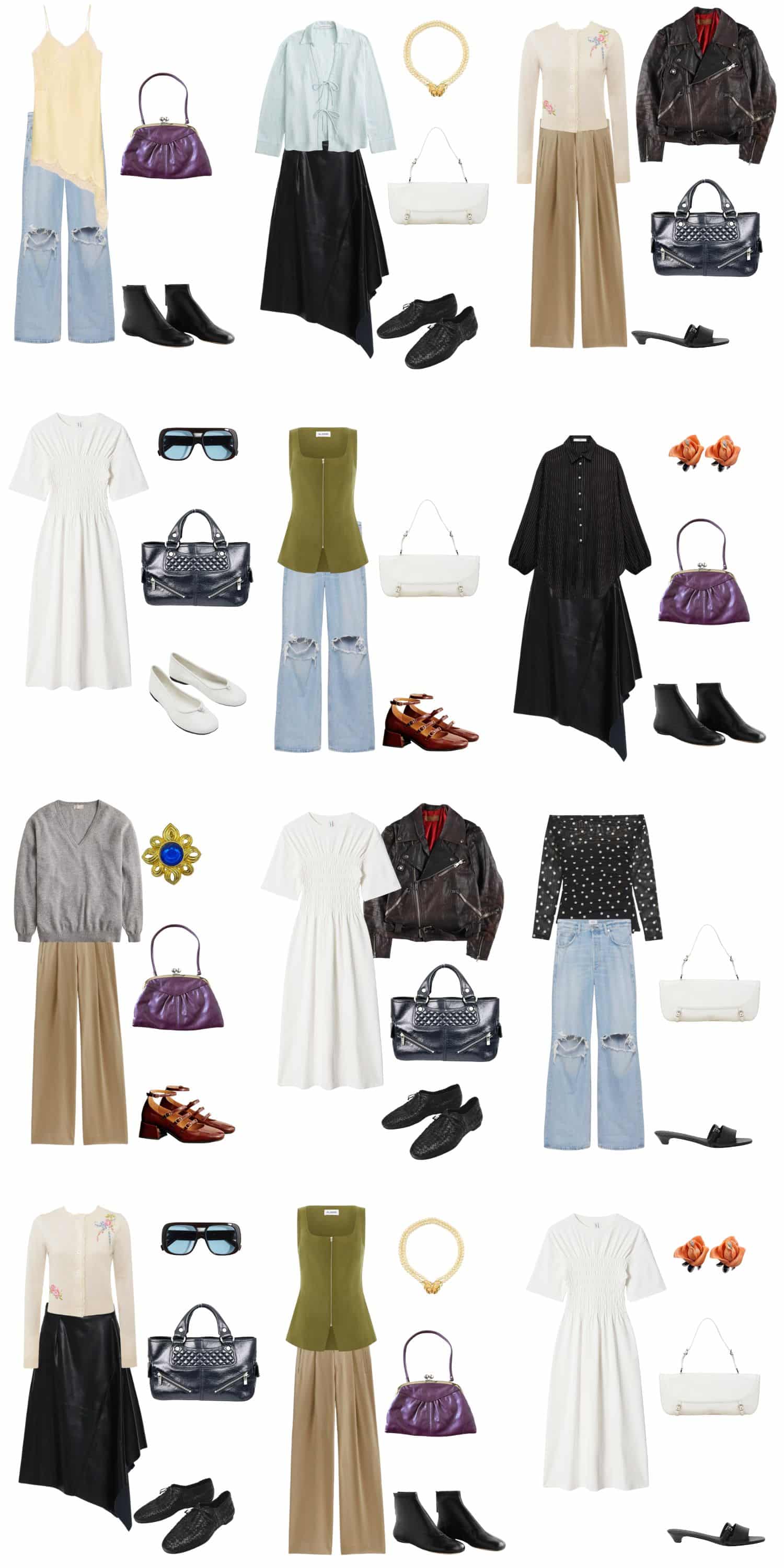 A white background with 12 outfits for building a romantic, edgy, and minimalist spring capsule wardrobe.