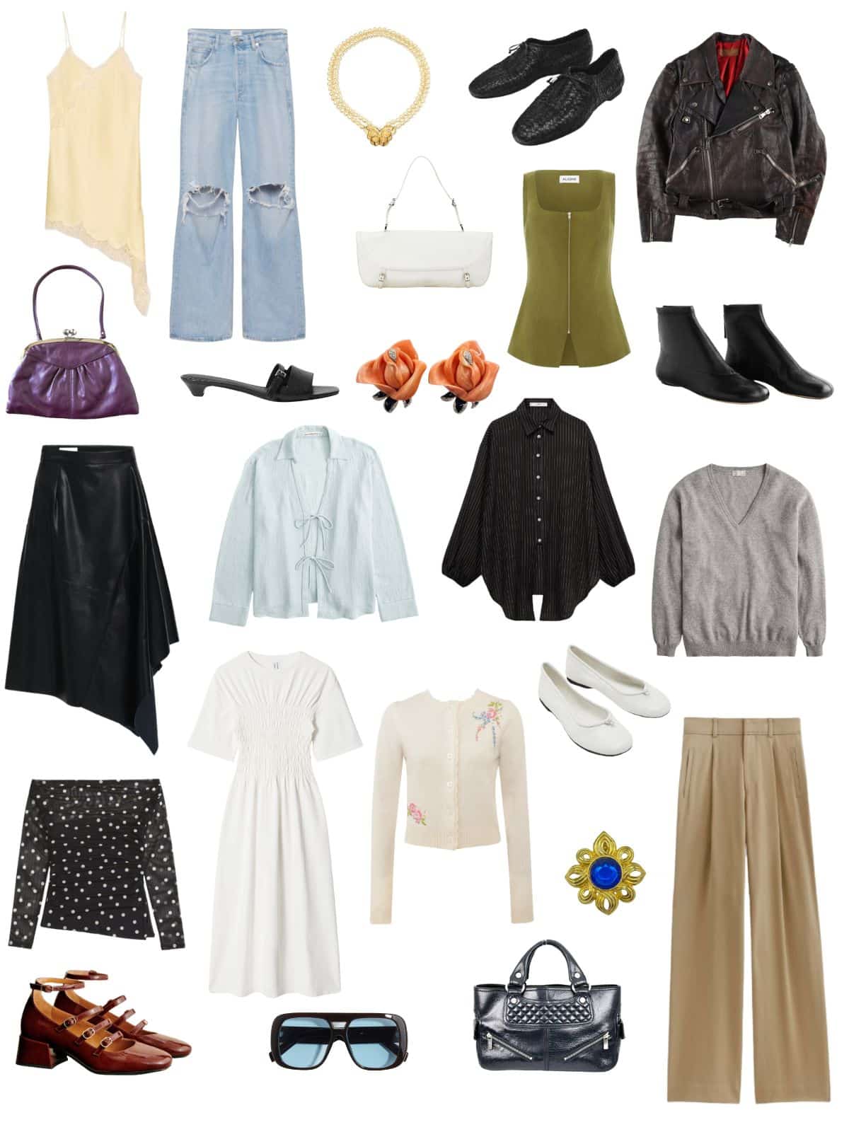A white background with 12 clothing items plus shoes and accessories for building a romantic, edgy, and minimalist spring capsule wardrobe.