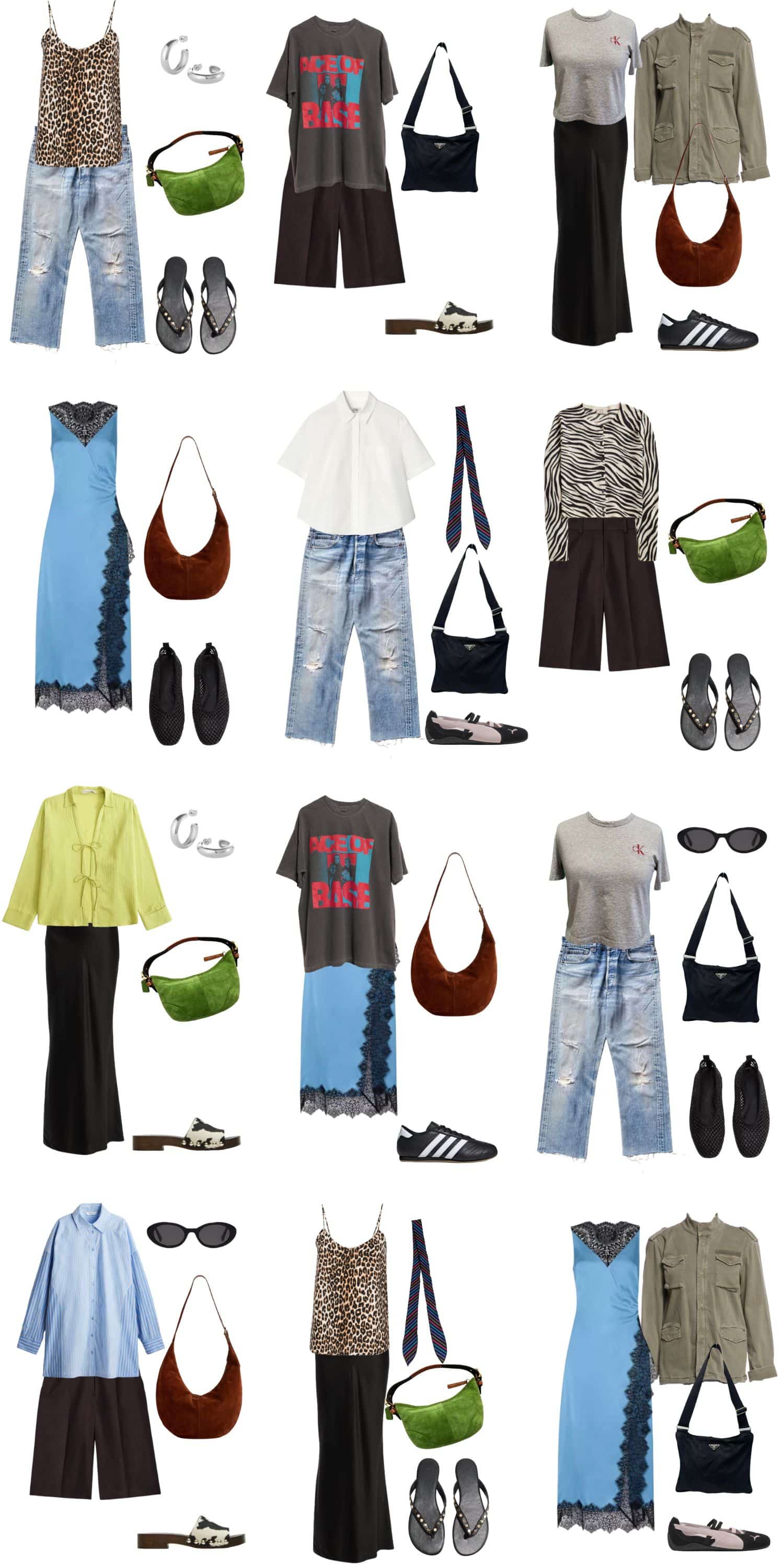 A white background with 12 outfits for Building a Y2K-Inspired Summer Capsule Wardrobe