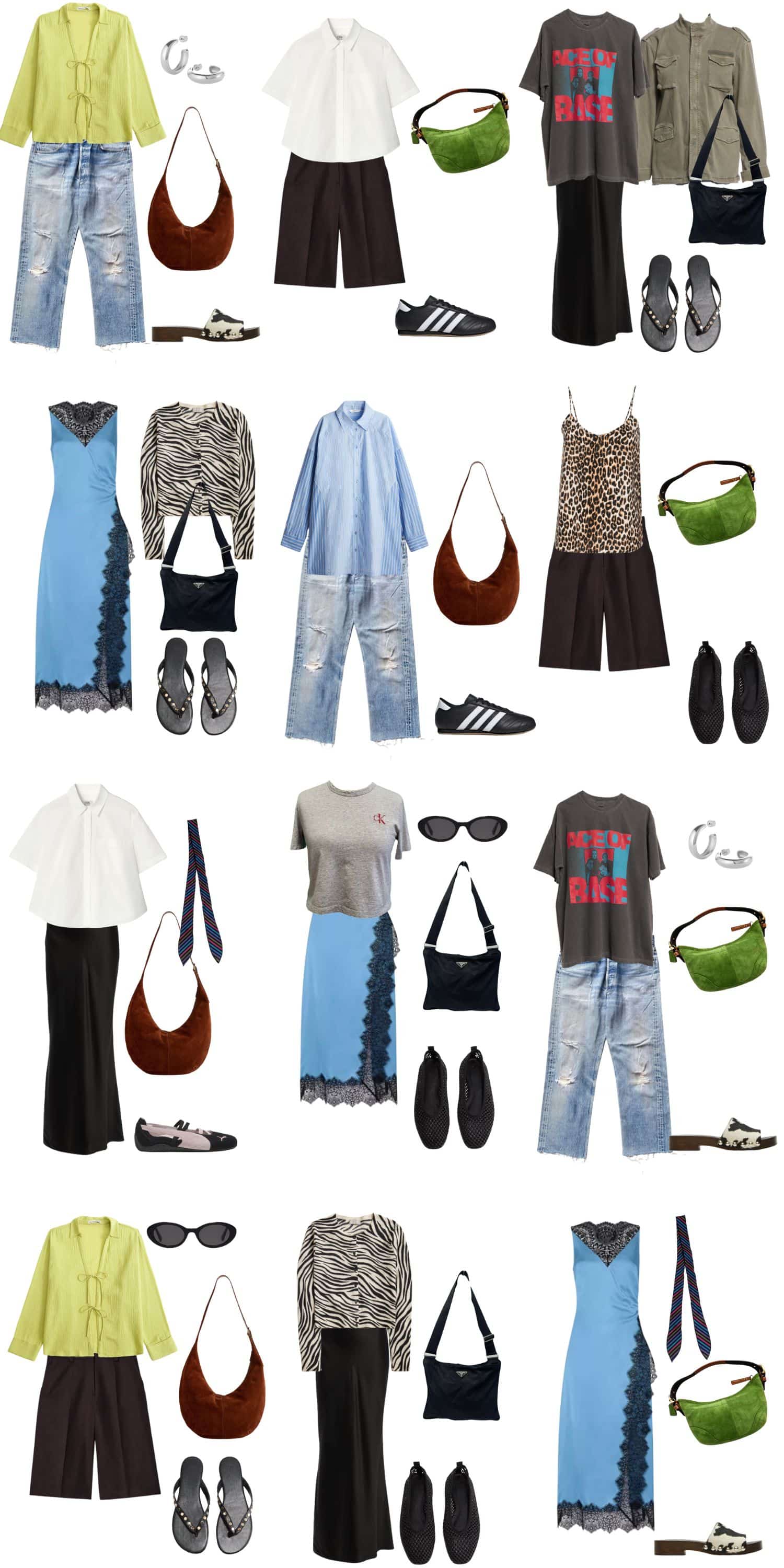 A white background with 12 outfits for Building a Y2K-Inspired Summer Capsule Wardrobe