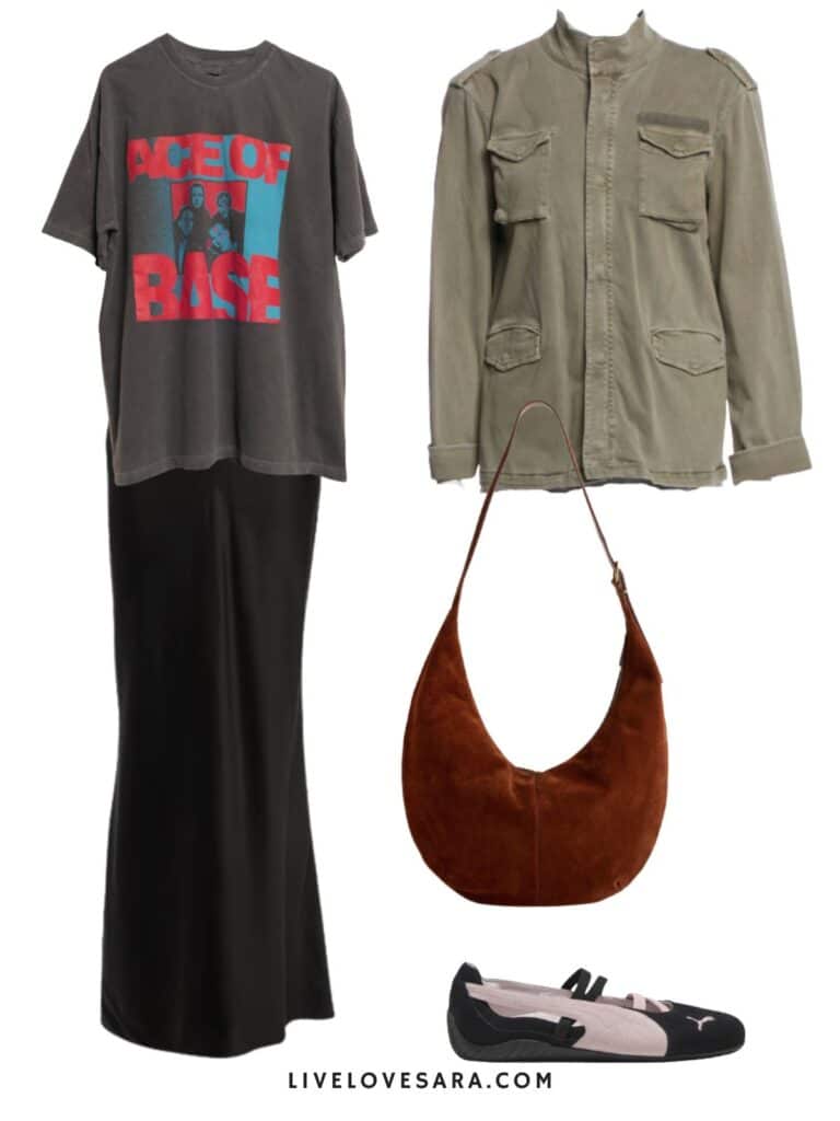 A photo of an outfit of a black maxi skirt with an Ace of Base tee, a utility jacket, sports flats, and a boho bag.